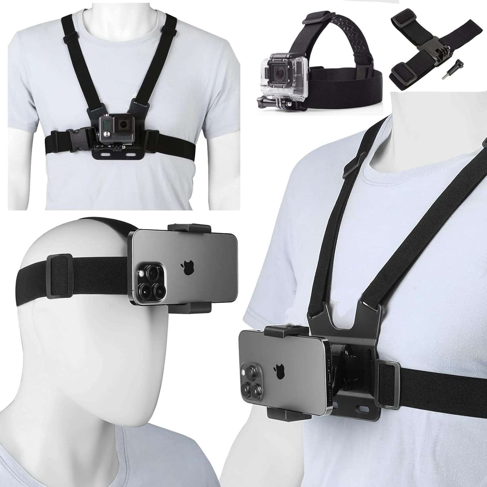 KASINshooting Camera Mobile Phone Belt Body Mount Chest Head Strap Harness Holder Kit for Gopros Heros 12/11/10/9/8 Insta360 One and Smartphone Vlog 1