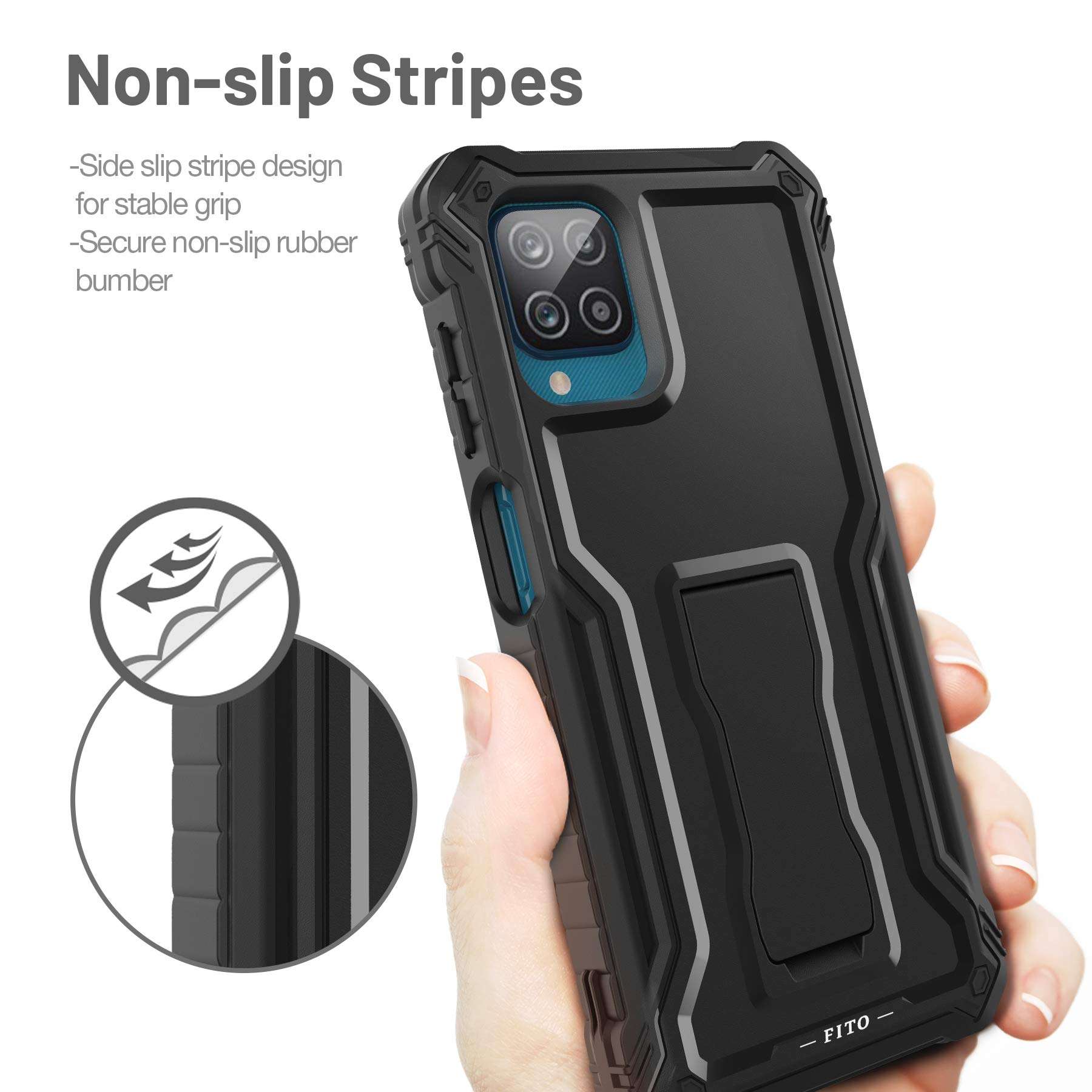 FITO for Samsung Galaxy A12 Case, Dual Layer Shockproof Heavy Duty Case with Screen Protector for Samsung A12 Phone, Built-in Kickstand (Black) 4