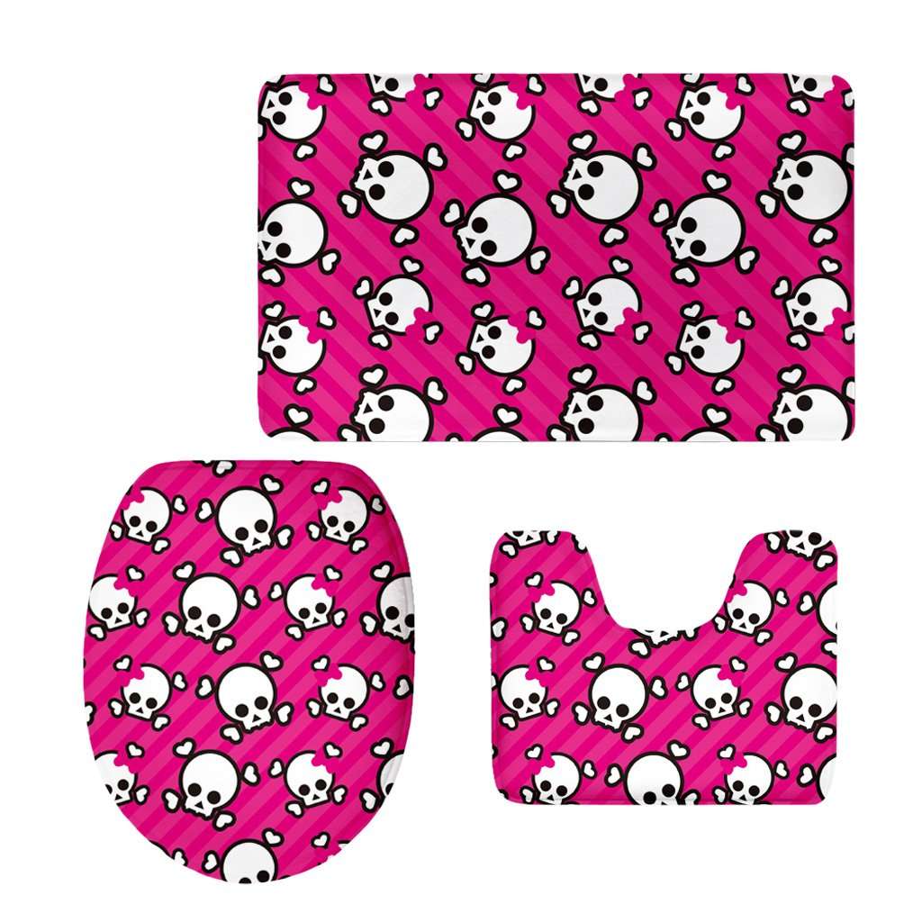 Whitleys Set of 3PCS Home Bathroom Toilet Table Kitchen Use Skull Pattern Design Toilet Covers Non-Slip Bathmat Carpet Rug #4 3
