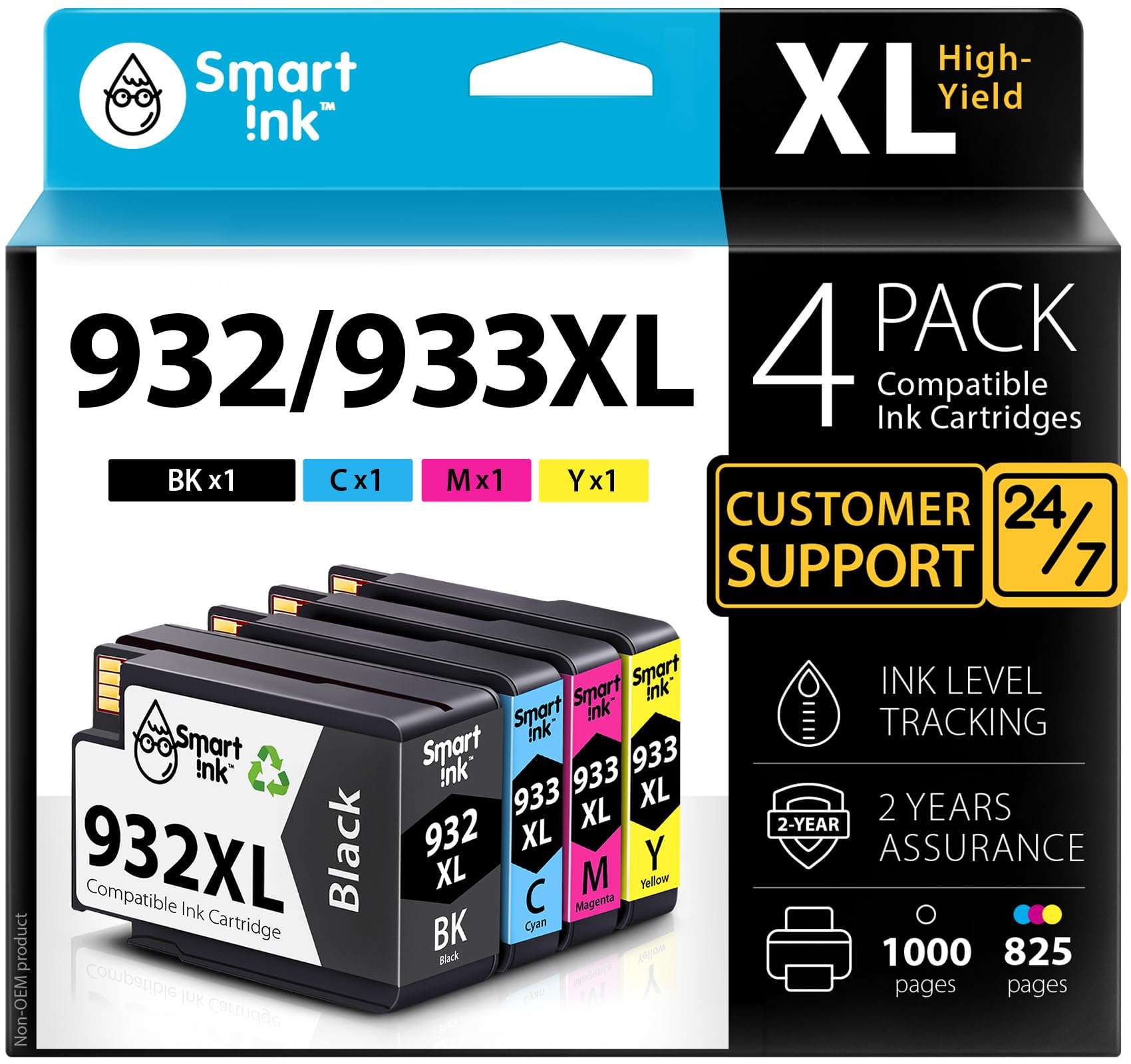 Smart Ink Compatible Ink Cartridge Replacement for HP 932XL 933XL 932 XL 933 XL 4 Combo Pack (XL Black, Cyan, Magenta Yellow) to use with HP Officejet 6100 6600 6700 7110 7510 7610 7612 7620 Printers 1