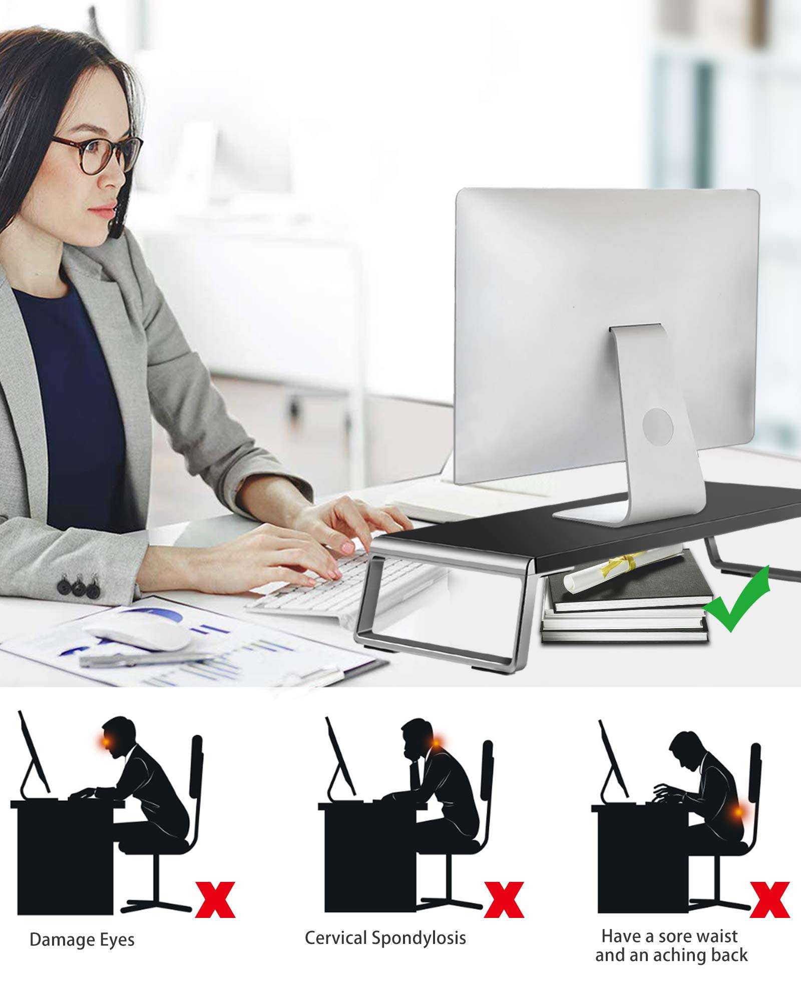 AboveTEK Monitor Stand Riser with Metal Feet for Computer Laptop iMac TV LCD Display Printer, Computer Riser with Desk Organizer 20 x 9.5 inch Office Supplies Platform Save Space-Black 6