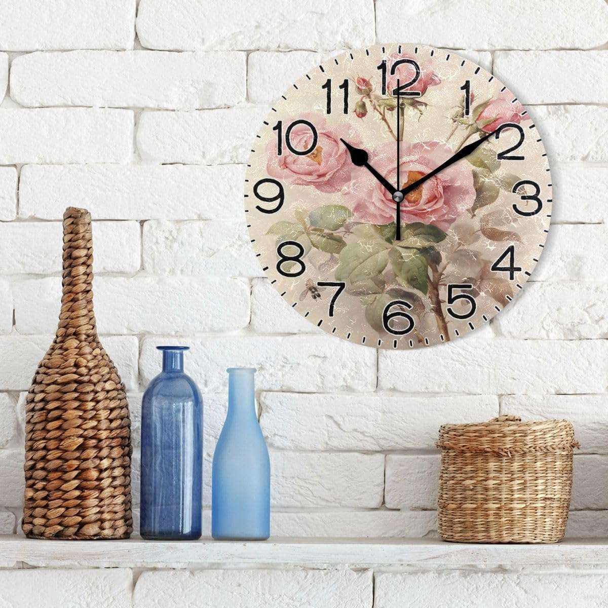 Pink Rose Flowers Wall Clock Battery Operated Non Ticking Silent Quartz Analog Rustic Farmhouse Round Clock Retro Decor for Home Kitchen Living Room Bathroom12 4