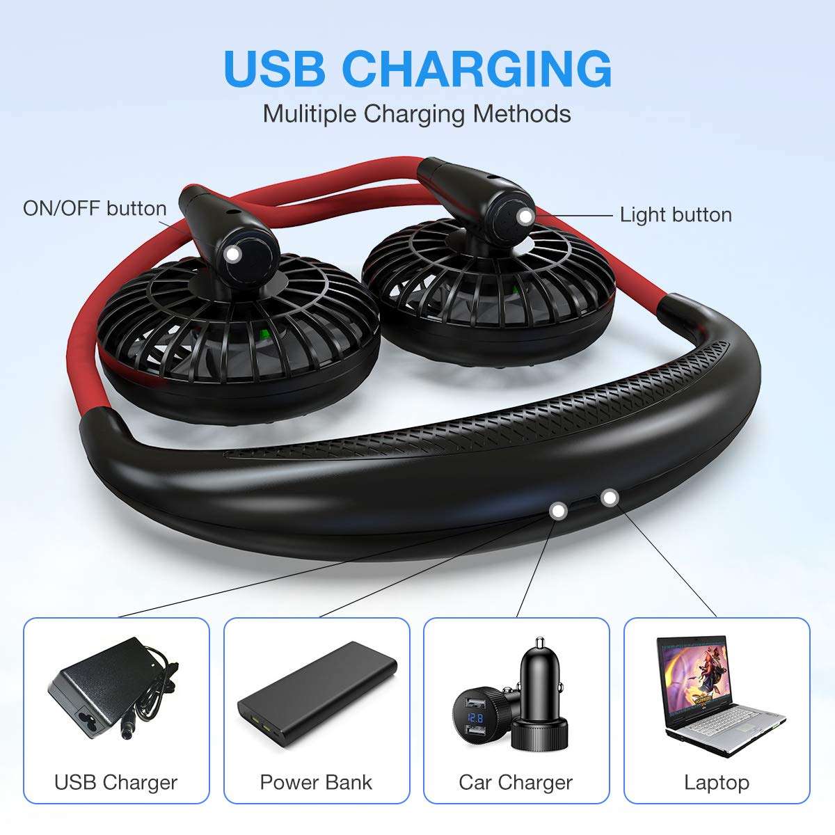 GIM 6.5-17 Hours Rechargeable USB Portable Hanging Neck Personal Sports Fan with 3 Level Air Flow 7 LED lights (Black, Red) 6