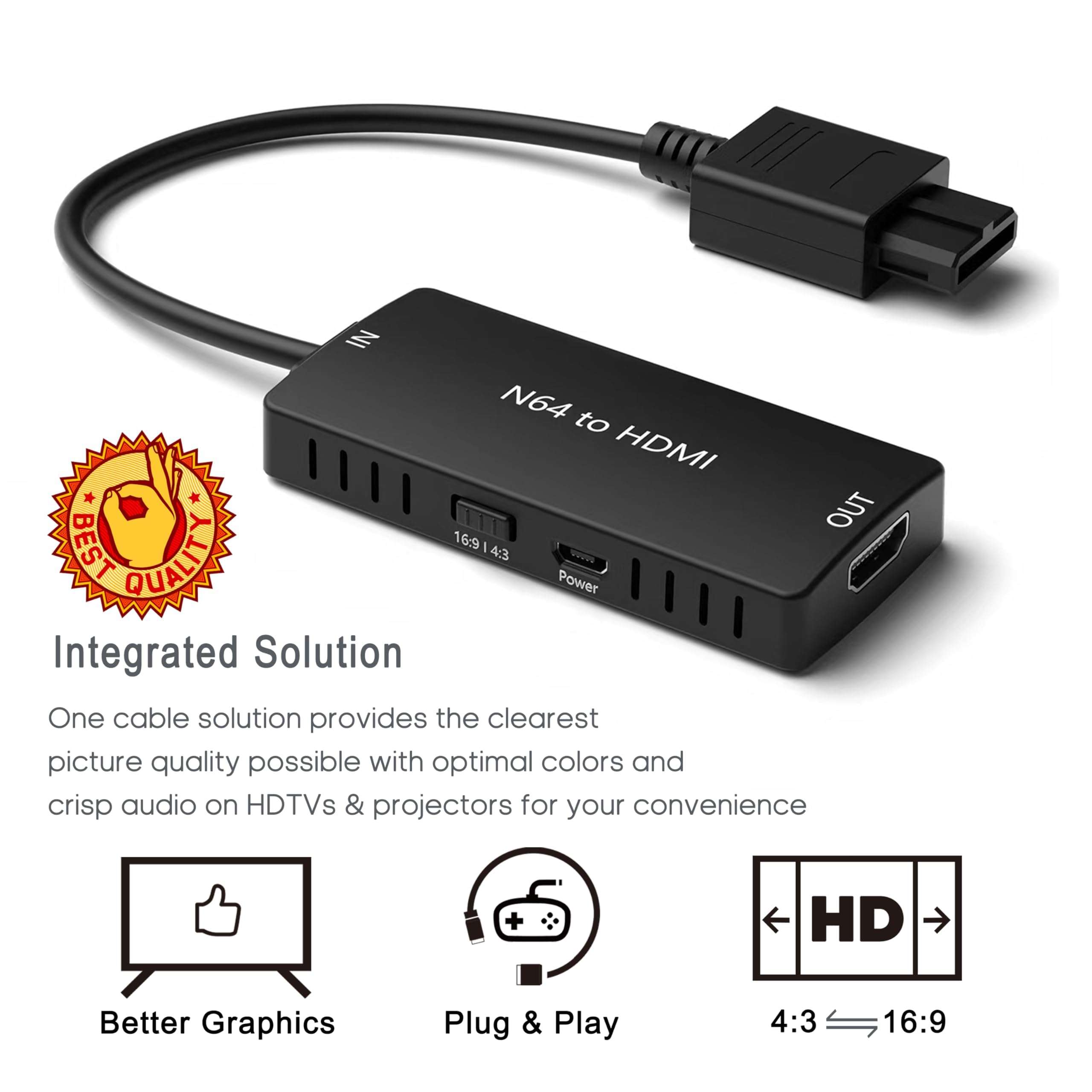 HD Link Cable for Gamecube, N64, SNES (3-in-1), HDMI Adapter with S-Video Signal Output (Better Video Quality), HD Converter with 4:3/16:9 Switch, 3IN1SNESNGCN64 No Radio Frequency Radio 3