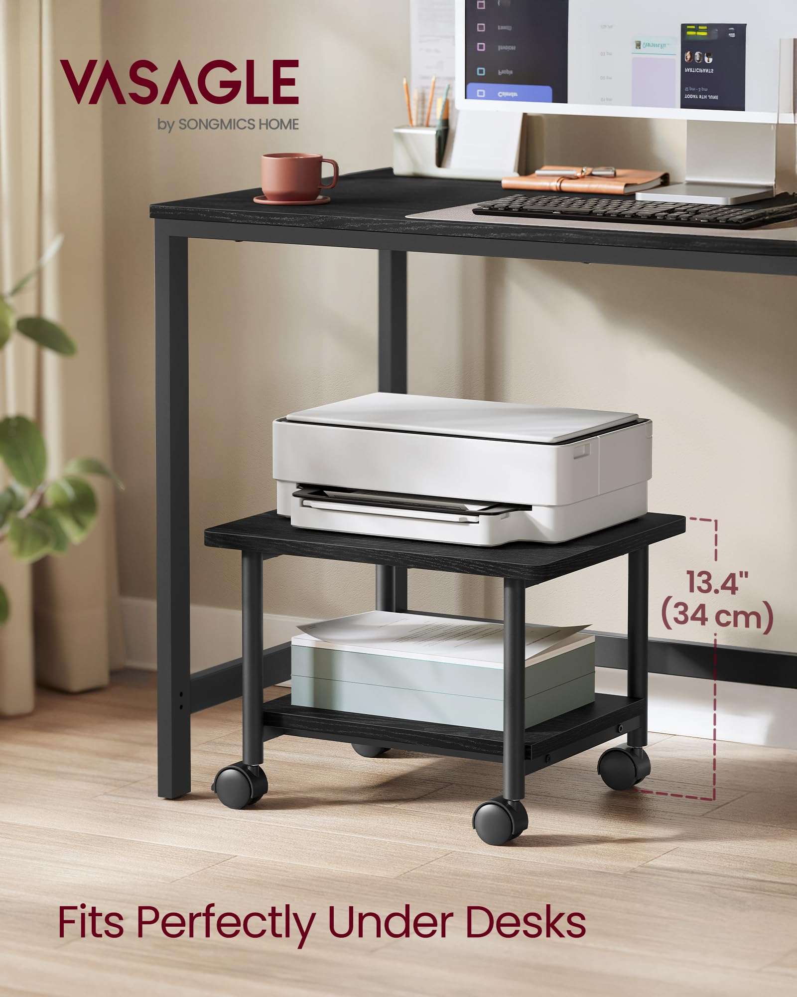 VASAGLE Heavy-Duty Printer Stand with Locking Wheels, 2-Tier Industrial Mobile Cart with Storage Shelf, Under Desk Printer Table for Home, Office, 13.4" Height, Ebony Black UOPS02B 2