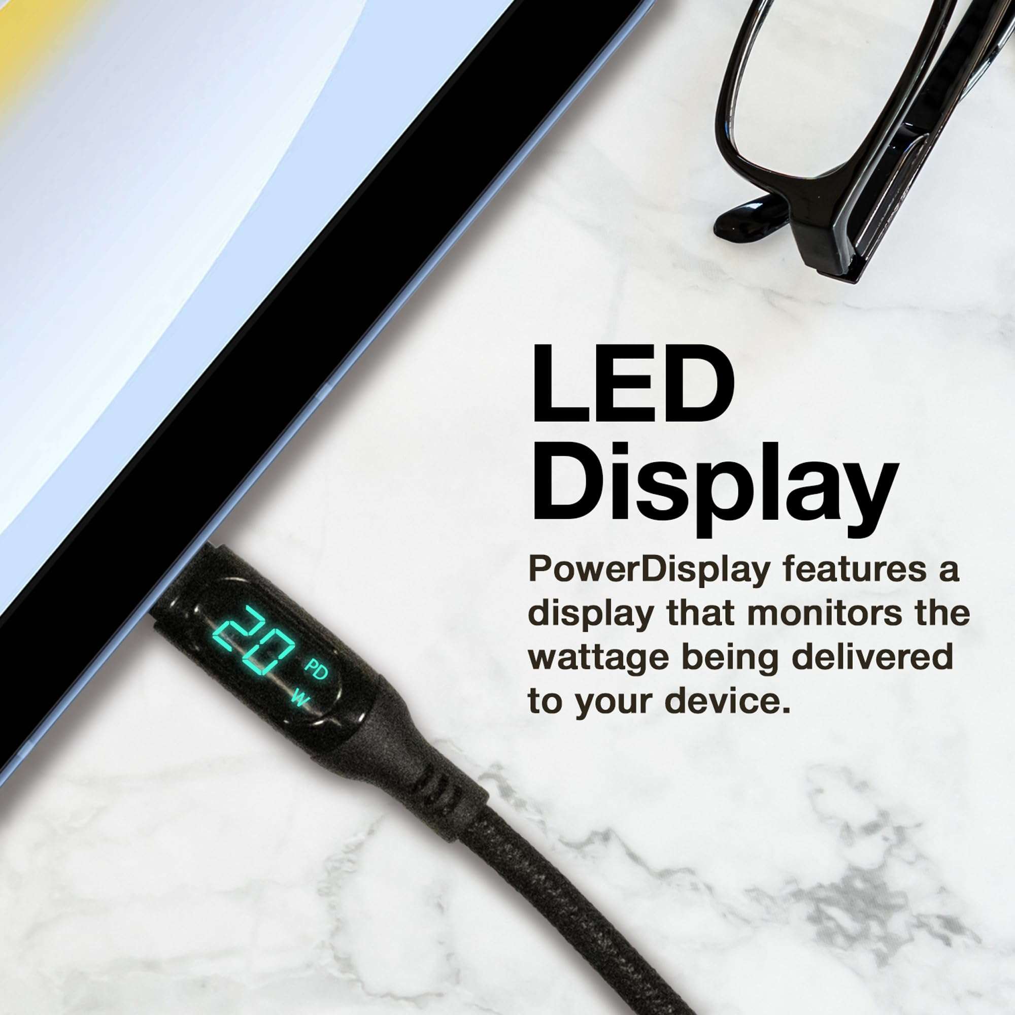 BoxWave Cable Compatible with Bowers & Wilkins Px8 - PowerDisplay PD Cable (6ft) - USB-C to USB-C (100W), LED Wattage Info Extra Long Braided Nylon - Jet Black 5