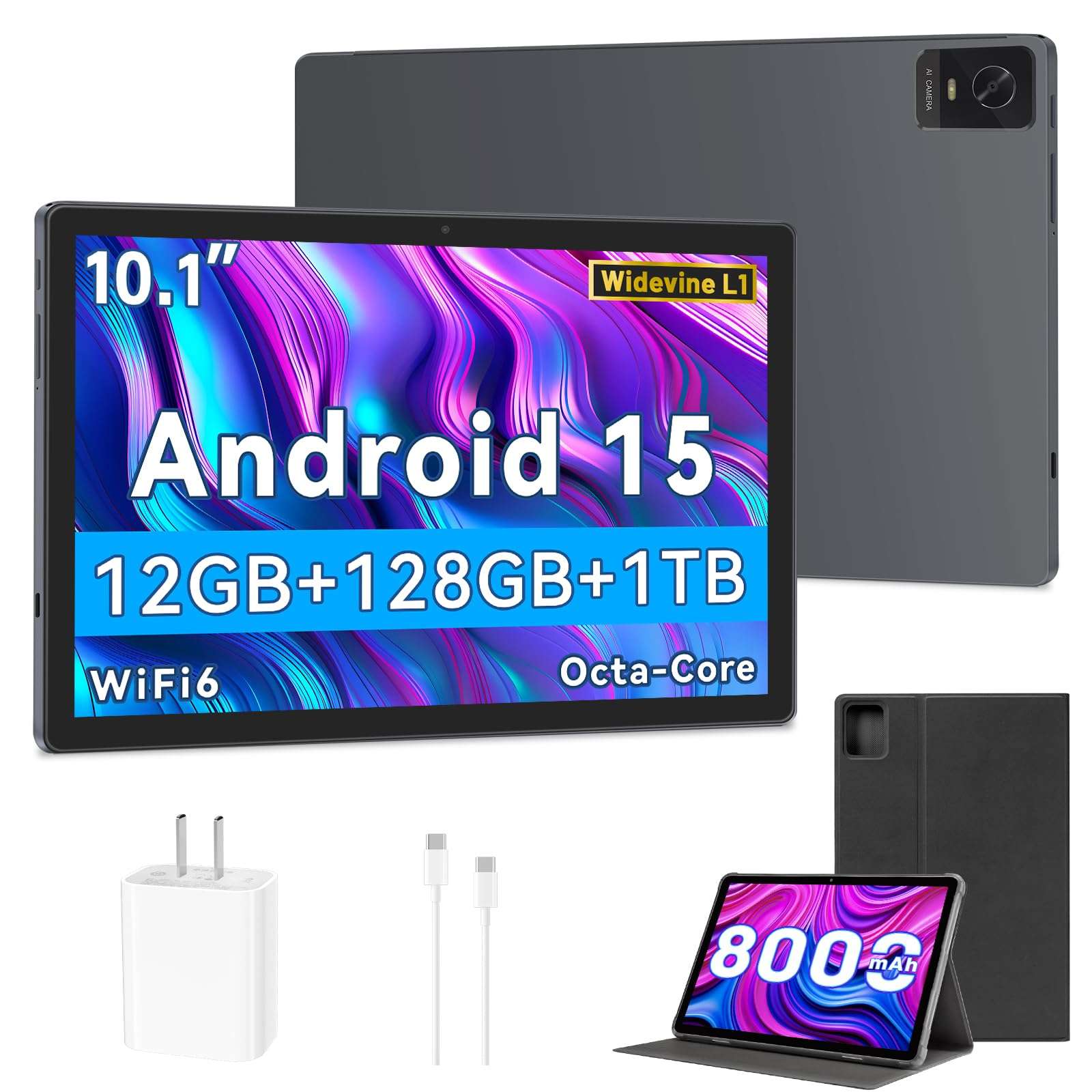 Android 15 Tablet, 10.1 Inch Tablets, Octa-Core, 12GB RAM, 128GB ROM (1TB Expandable), Widevine L1, 8000mAh Battery, 2.4/5GHz WiFi, GPS/FM, 5MP+13MP Cameras, 18W Fast Charging, Case Included – Grey 1