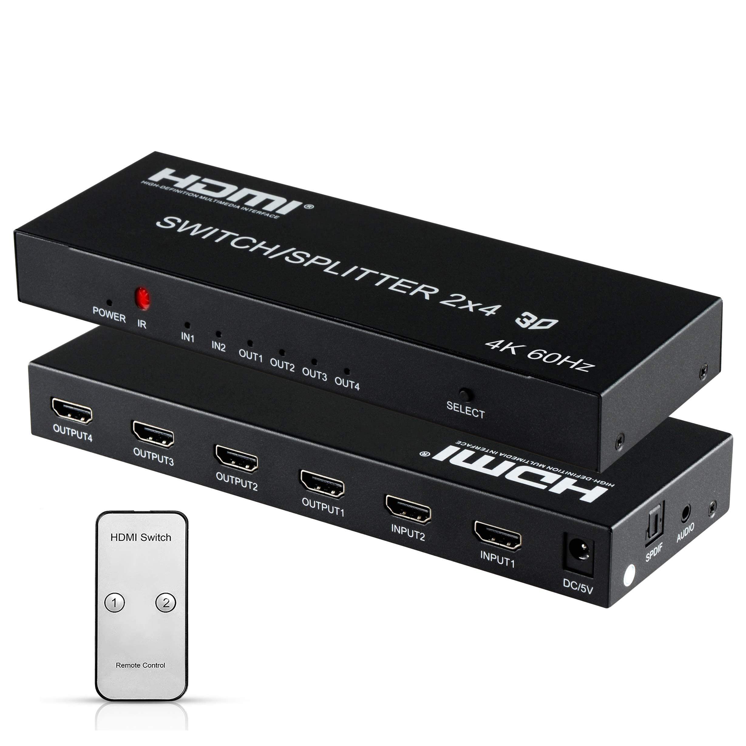 4K@60Hz HDMI Audio Extractor Splitter Switcher 2 in 4 Out with Remote, MOYOON 2-Port HDMI Switch with SPDIF Audio 3.5mm, Support 4K, 3D, HDMI2.0, HDCP2.2 for HDTV Blu-Ray, Fire Stick, Xbox, PS5 1