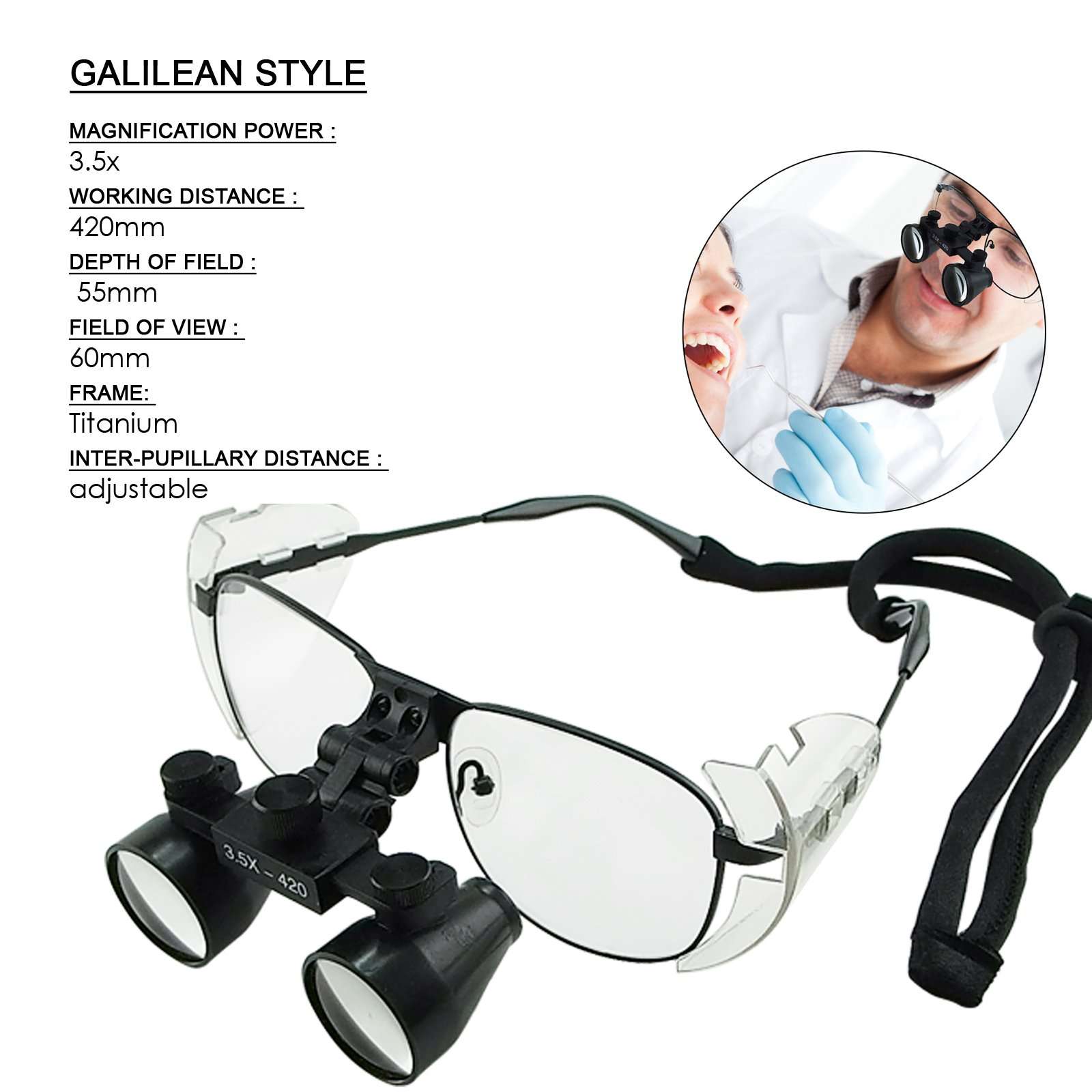 3.5X Magnification Dental Loupes, Galilean Style Titanium Frame, Dental Surgical Medical Binocular 4
