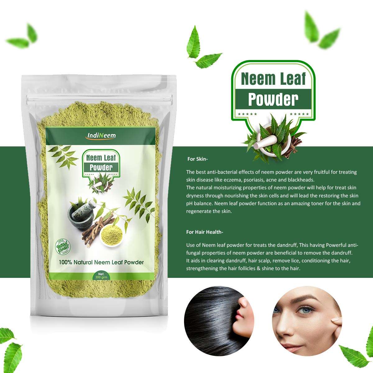 IndiNeem Neem Leaf Powder for Skin, Hair, Acne, Dandruff and Hair Growth | Natural Organic Neem Leaf/Leaves Powder | For smooth, strong and Shiny Hair | Helps to treat Acne, Blemishes | Skin Nourishing Properties | 100 grams Pack 6
