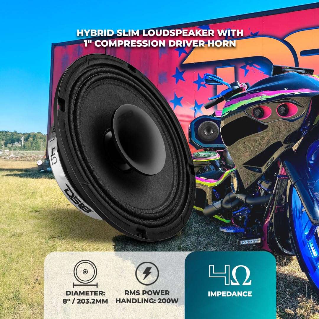 DS18 PRO-HY8.4MSL 8 Inches Shallow Hybrid Mid-Range Car Audio Loudspeaker with Built-in Driver and Grill Included 400W Max 200W RMS 4 Ohms (1 Speaker) 2