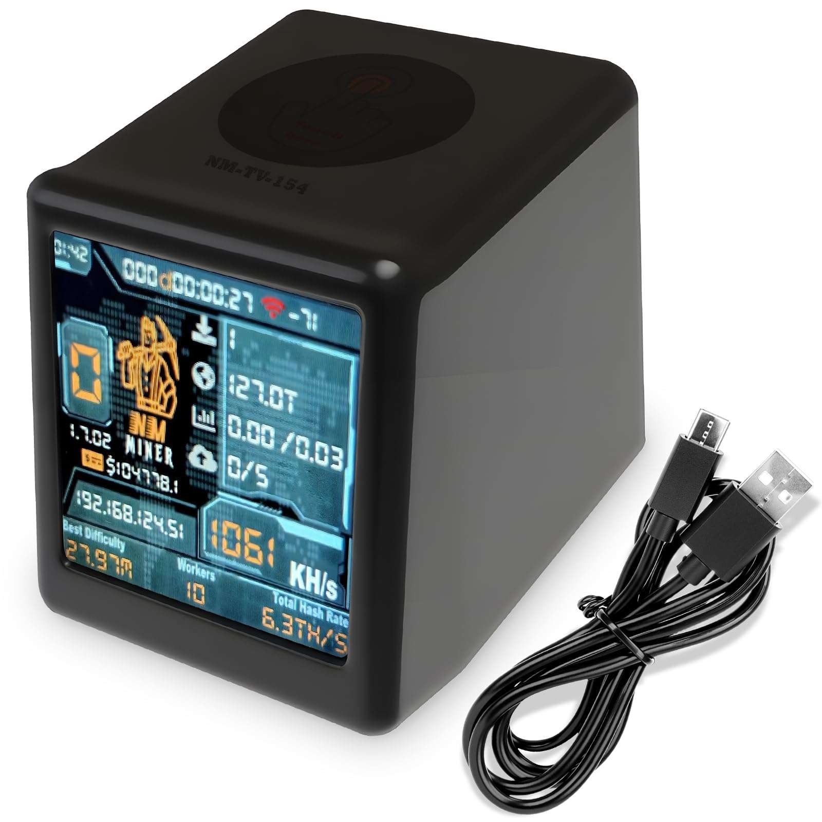 Reiwudo Bitcoins Miner USB Miner 1060KH/s Desktop-Style V2 ESP32 Hashrate 1.54 Inch Smart Display Crypto Solo Lottery Miner Solo Mining 2000% Win Boost (Black) 1