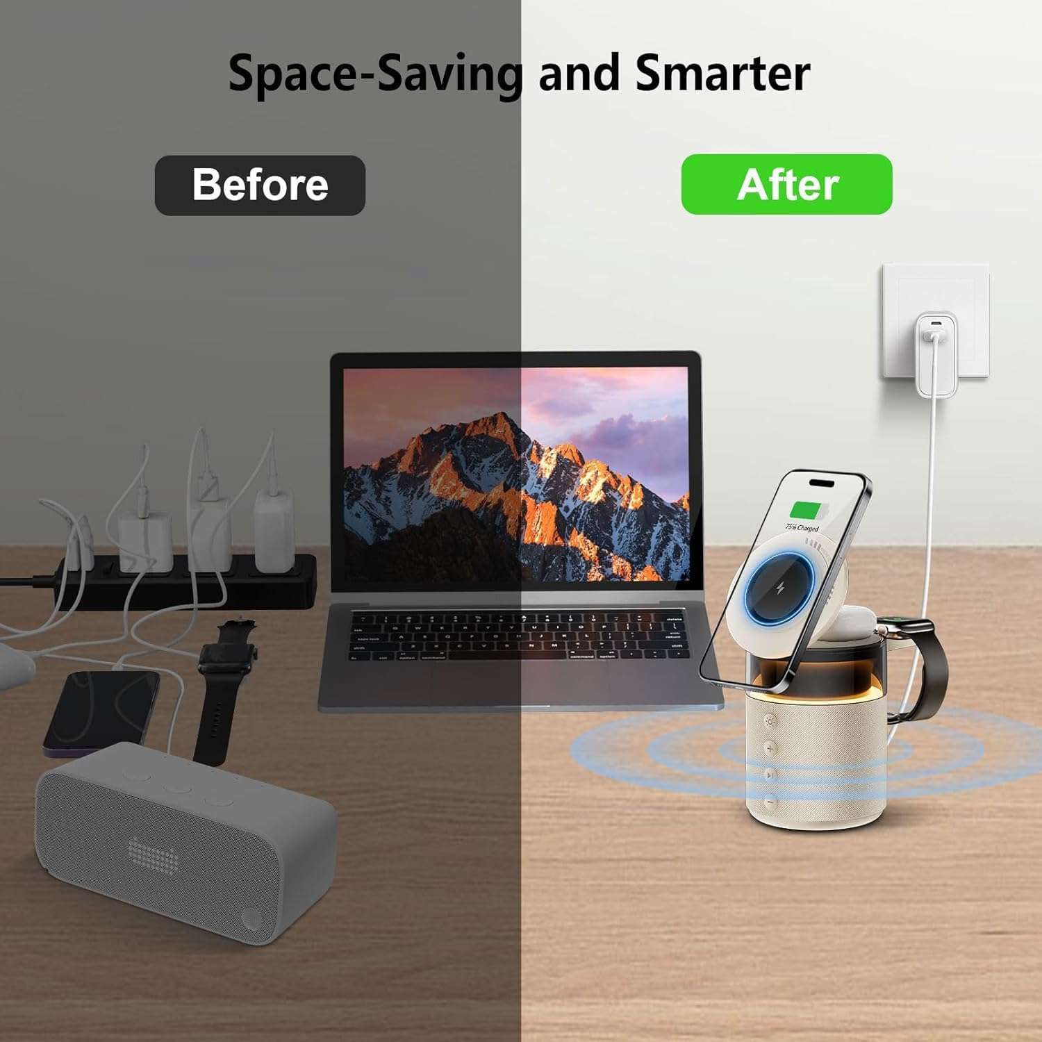 Cubonic Wireless Bluetooth 1800mAh Speaker with Charging Station Compatible with Mobile Phones (15W), Smart Watches, Earbuds | Multi-Purpose Wireless Dock with Yellow LED Night Lamp 6