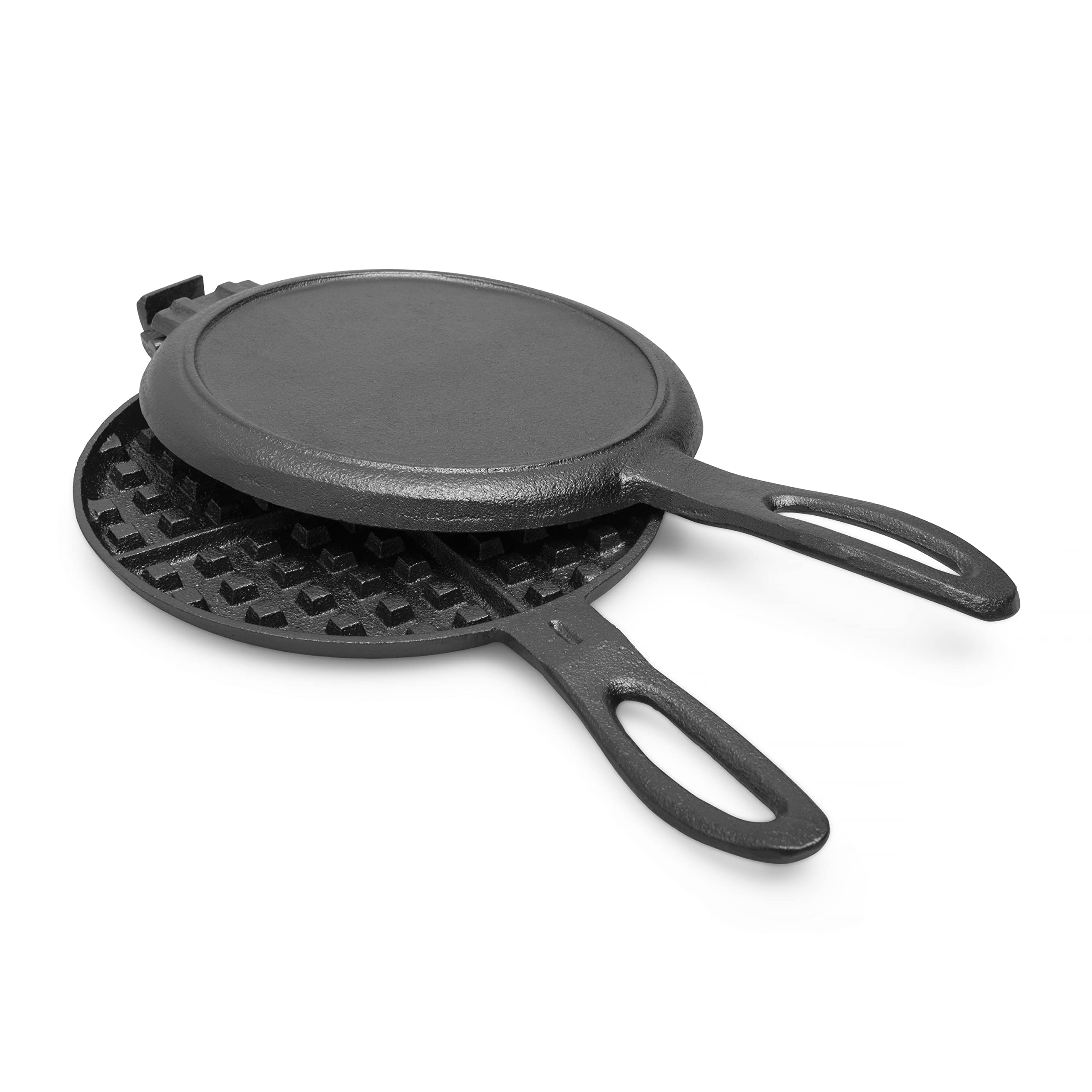 Cast Iron Waffle Maker - 6.8" Stovetop Waffle Iron Cookware, Portable Camping Breakfast Pan - Complete with Silicone Brush and Grabber 3