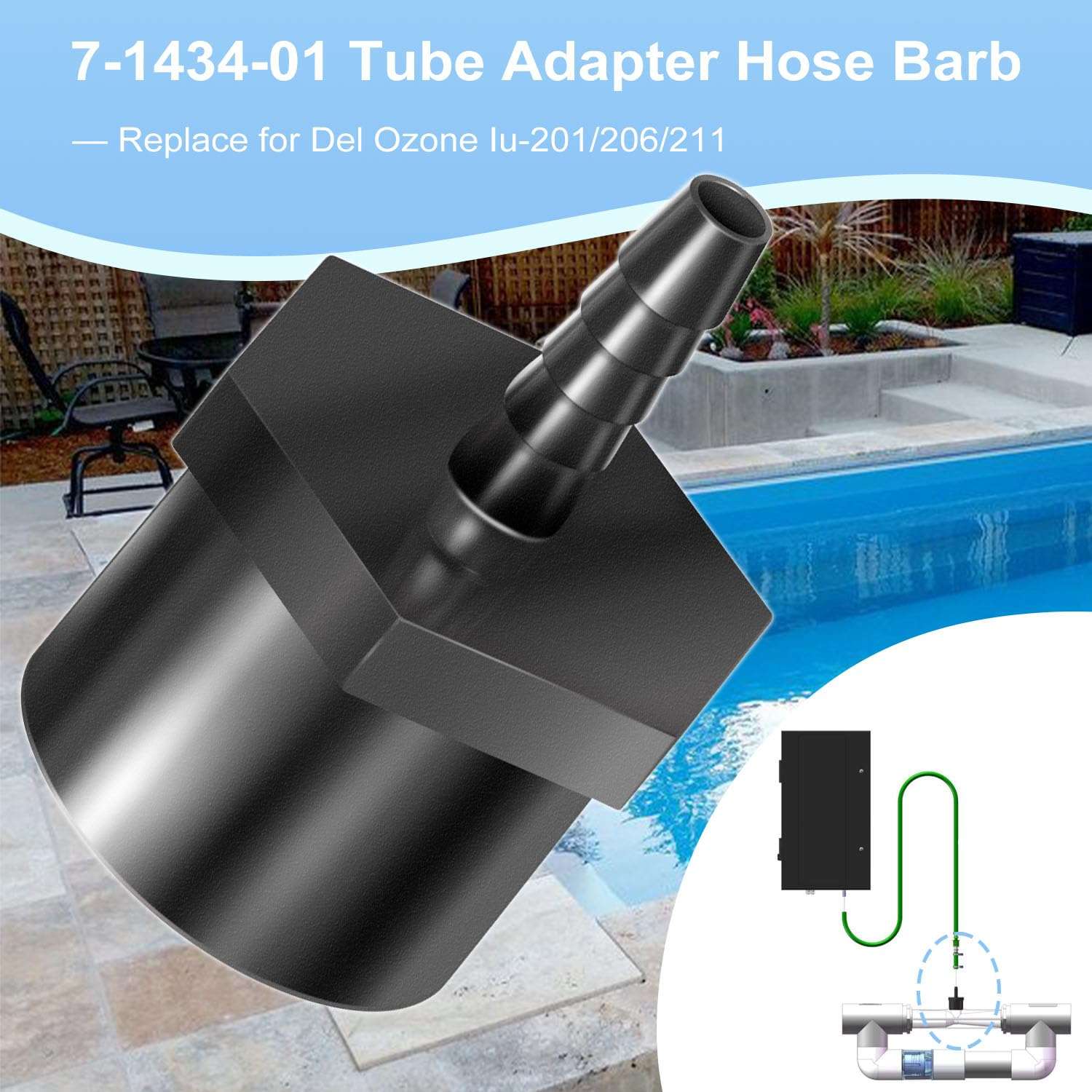 7-1434-01 Tube Adapter Hose Barb for Del Ozone Iu-201/206/211, Ozone Injector, Black 3