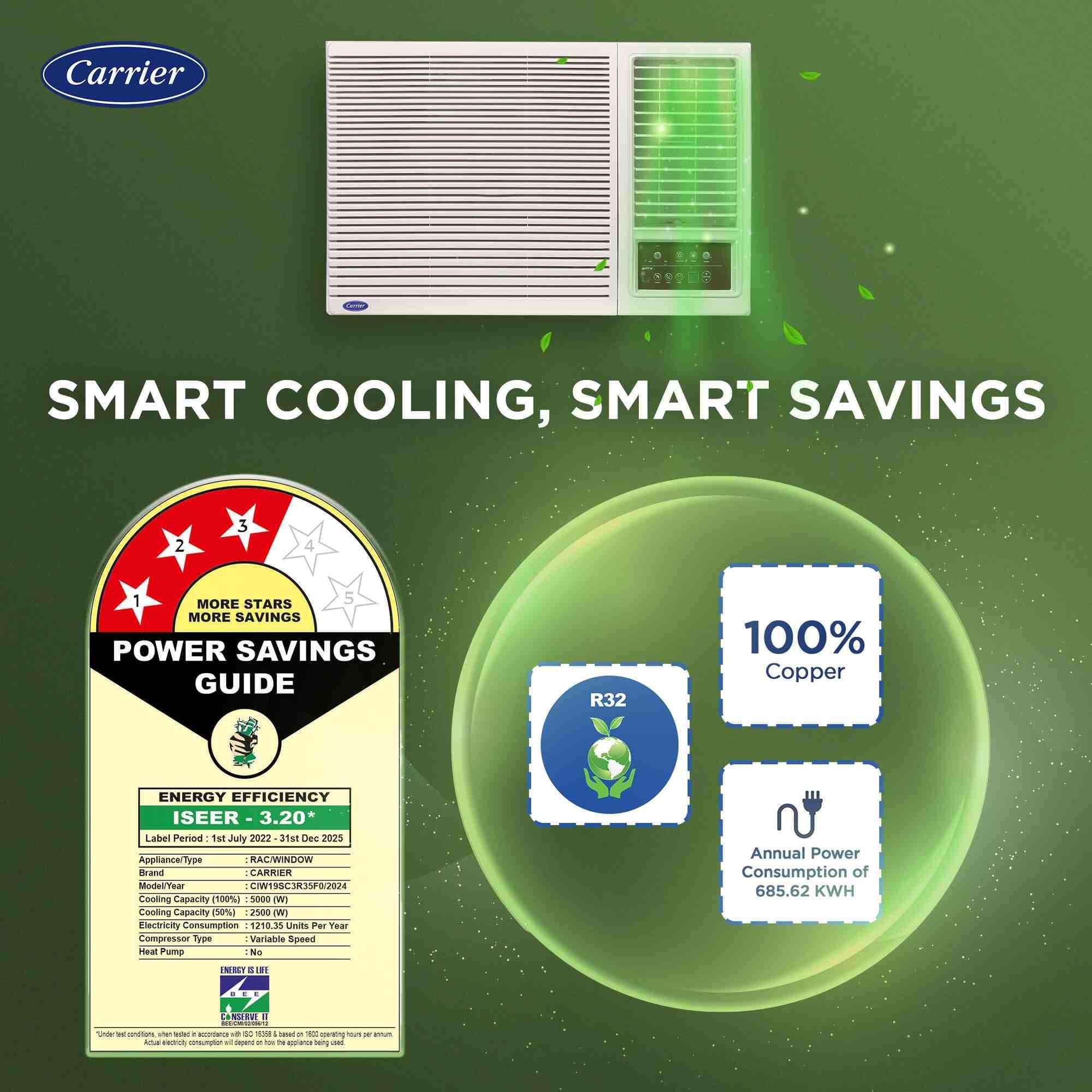 Carrier 1.5 Ton 3 Star Inverter Window AC(Copper,High Density Filter for Dust Filtration, 2Way Air Directional Control, ESTRA Fxi,CIW19SC3R35F0,White) 6
