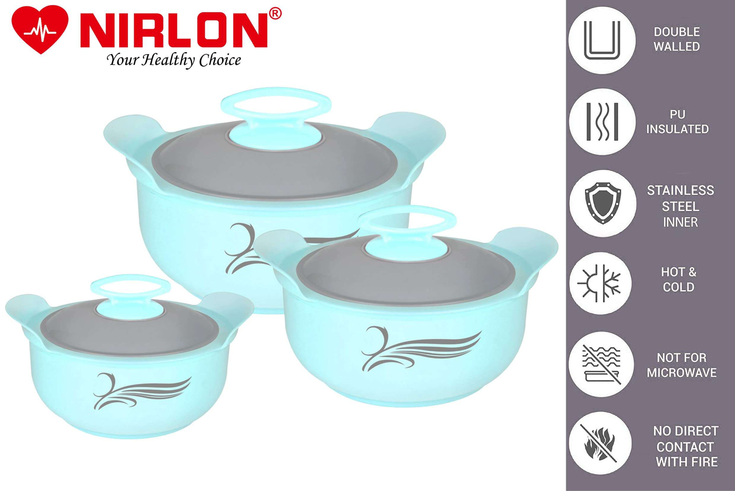 NIRLON Delight Inner Steel Casserole (800ml, 1200ml, 2000ml) Blue With Non Stick Aluminium Hand Toster Combo Set 5