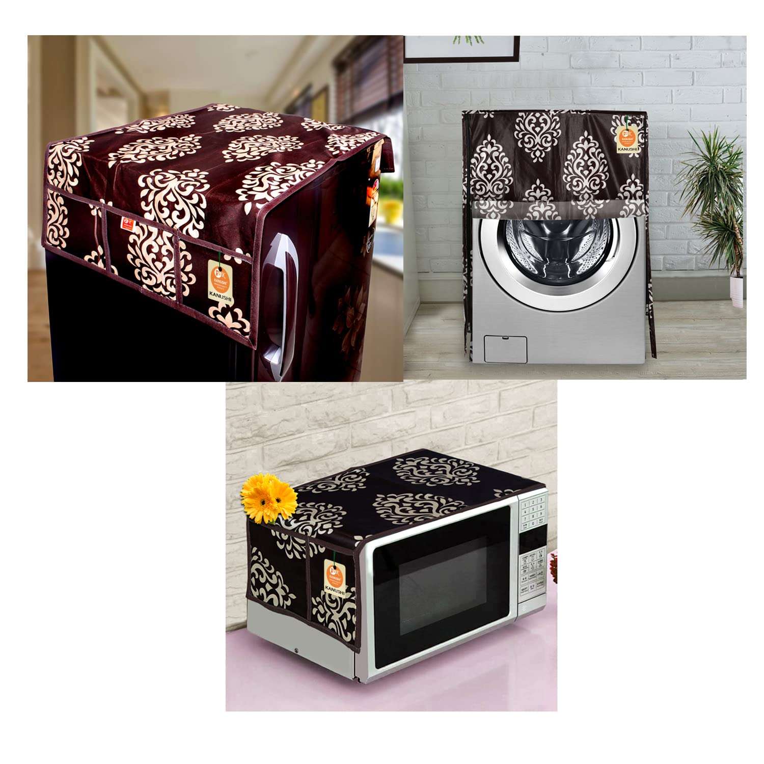 KANUSHI Industries® Front Load Automatic Washing Machine Cover + 1 Pc Fridge/Refrigerator Cover + 1 Pc Microwave/Oven Top Cover(Copy-FRI+Micro+W.M-Front-Brown-Floral) 1