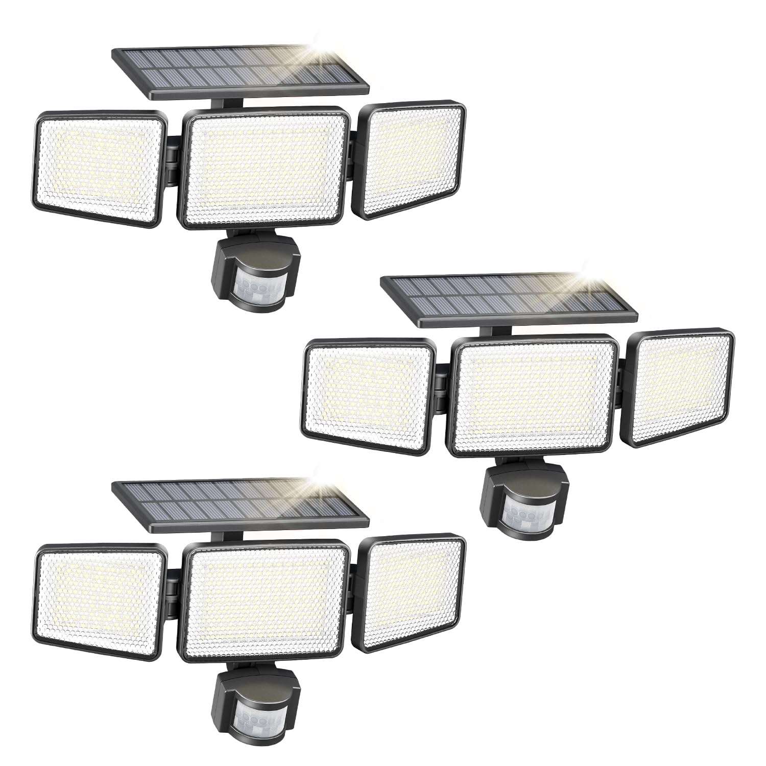 Philips 3 Packs Solar Security Light Outdoor 302 LED 1200lm，Solar-Powered Waterproof Wall-Mounted Flood Light w/PIR Motion Sensor, 3 Heads, IP65 Waterproof, 3 Modes 1