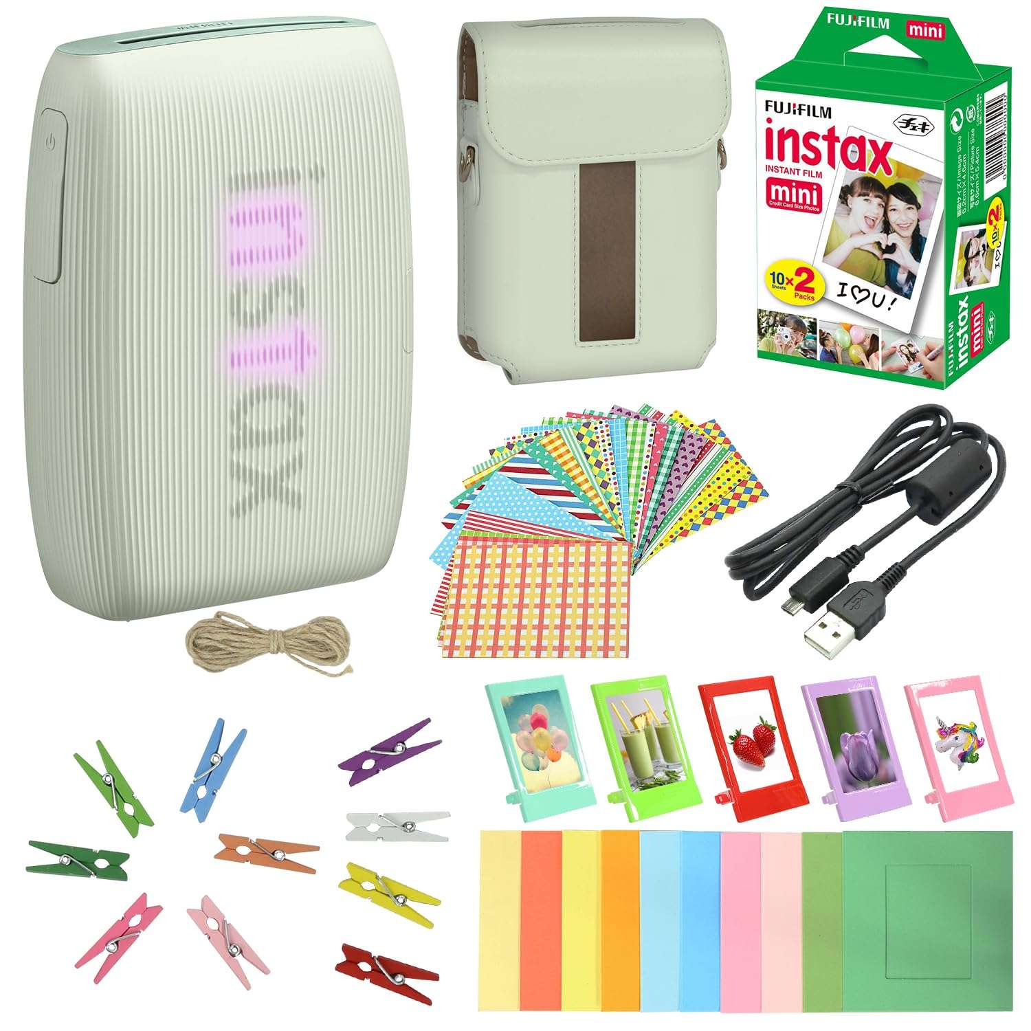 Bundle with Compatible Fuji Mini Link 3 Smartphone Printer Clay White + Fuji Film Value Pack 20 Sheets Accessories Bundle with Album + 5 Plastic Desk Frames + Paper & Sticker Frames (Sage Green) 1
