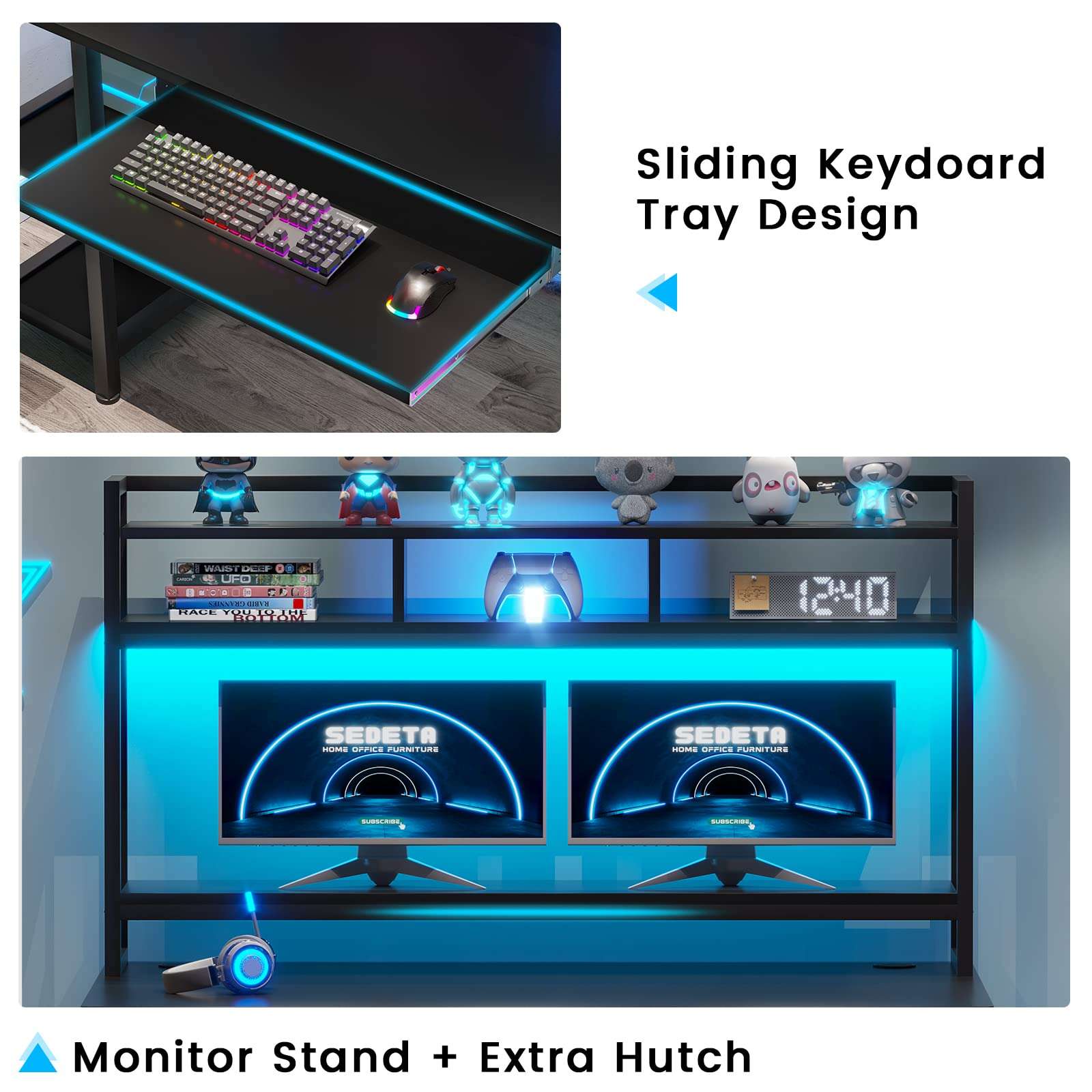 SEDETA Gaming Computer Desk , 55" Desk with LED Lights and Hutch , Storage Shelves , Keyboard Tray & Monitor Stand , Home Office Gamer PC Table , Black 5