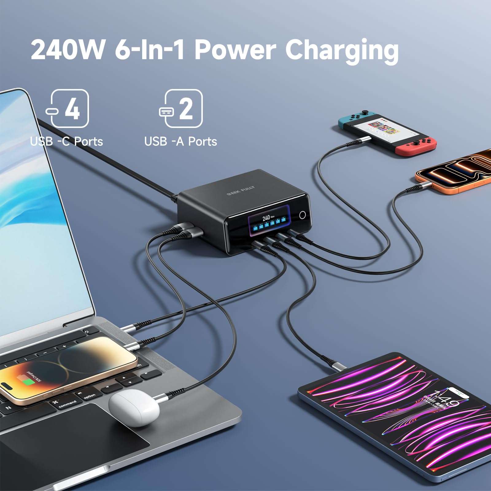 240W GaN Charger, 6-Port USB C Charger with 140W Max PD 3.1 Port, TFT-Screen Display Desktop Charging Station Adapter for MacBook Pro/Air M3/M2, Laptops, iPhone 17/16, Galaxy S24/S23, iPad, Steam Deck 3
