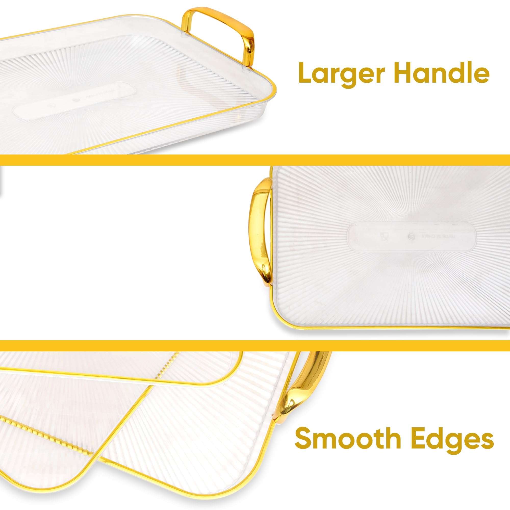 BAREPEPE Plastic Serving Tray Set for Kitchen Rectangular Stylish Design Fancy Coated Golden Borders - Transparent White - Set of 3 Sizes 4