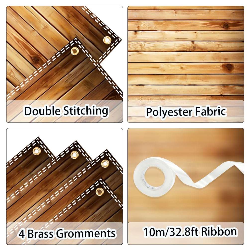 7x5FT Wooden Backdrop with Ribbon & 4 Brass Grommets, Rustic Wood Backdrop for Photography, Vintage Brown Wood Wall Background for Baby Shower, Wedding, Birthday, Party Decorations 4