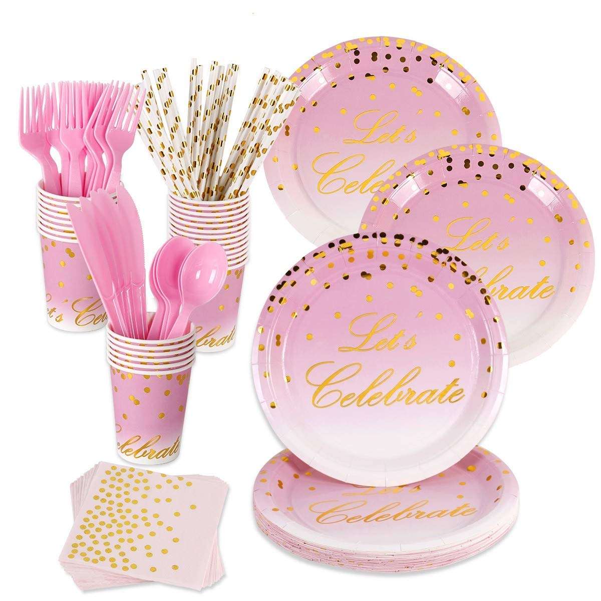 Patimate 168 Piece Pink and Gold Party Supplies | Disposable Dinnerware Set Services 24 | Includes Plastic Knive Spoons Forks Paper Plates Napkins Cups Straws | Birthday Bridal Baby Shower Girls 1