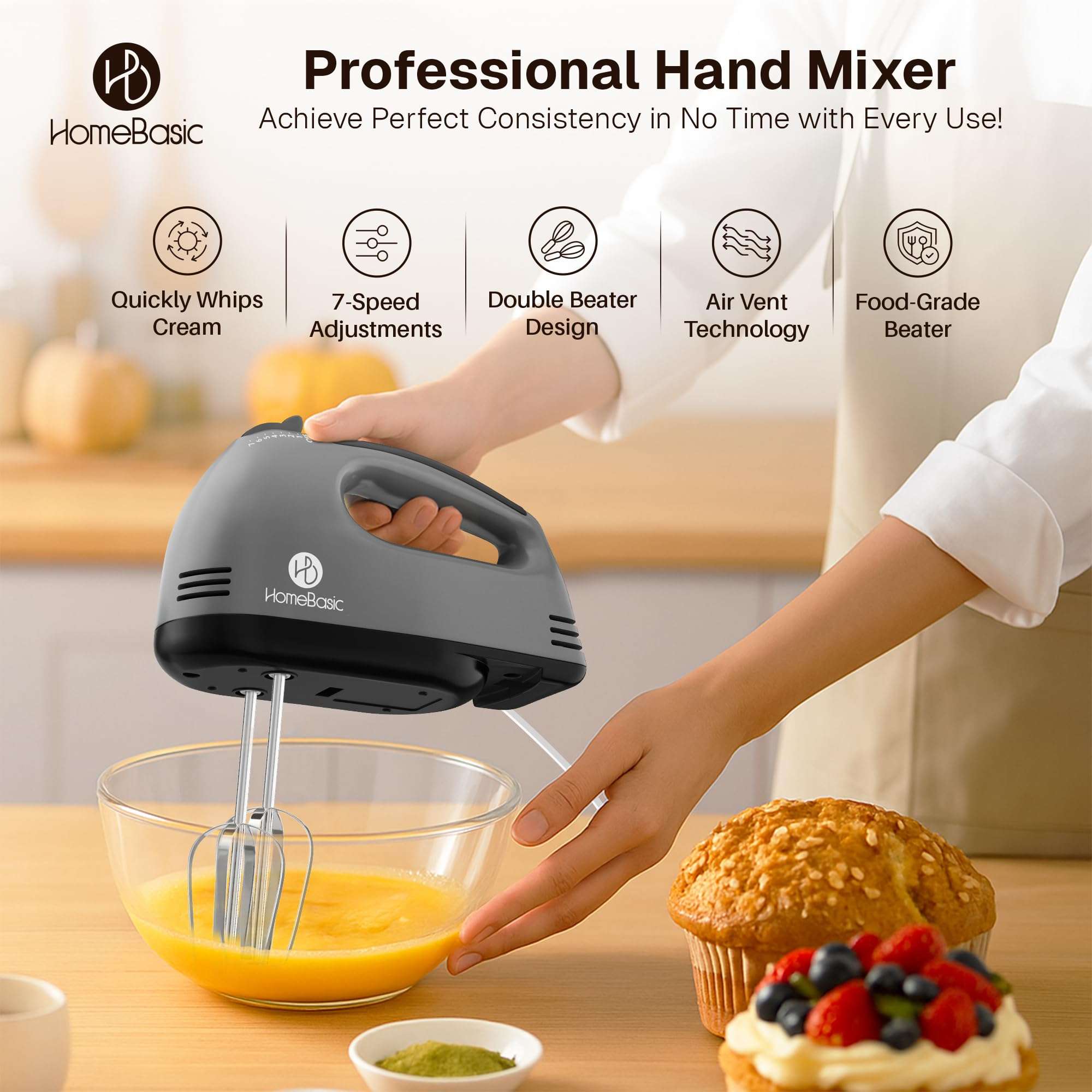 HOMEBASIC Hand Mixer for Cake Baking 260W | Electric Hand Beater with 7 Speed Control, Dough Hook & Beaters | Mixing, Whipping, Kneading, Egg Whisker Blender for Kitchen | Food Grade Stainless Steel 3