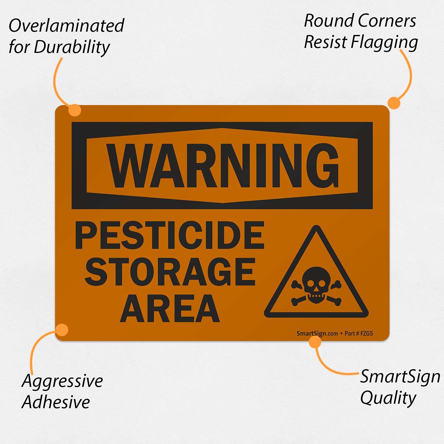 SmartSign 3.5 x 5 inch “Warning - Pesticide Storage Area” OSHA Label with Graphic, 3 mil Laminated Adhesive Polyester, Orange and Black 5
