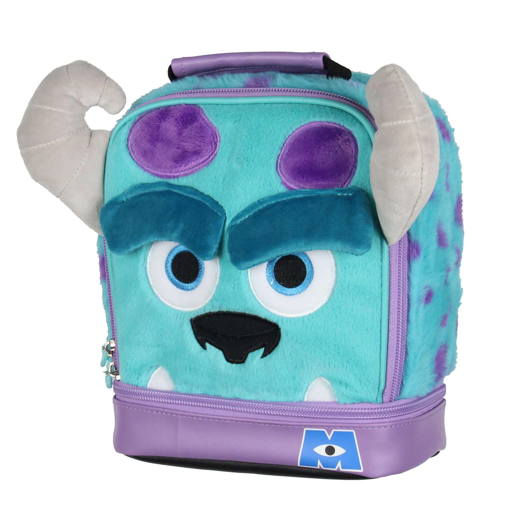 Disney Monsters Inc Plush Fuzzy Fur Sulley Embroidered Face 3D Horns and Eyebrows Insulated Dual Compartment Lunch Box 1
