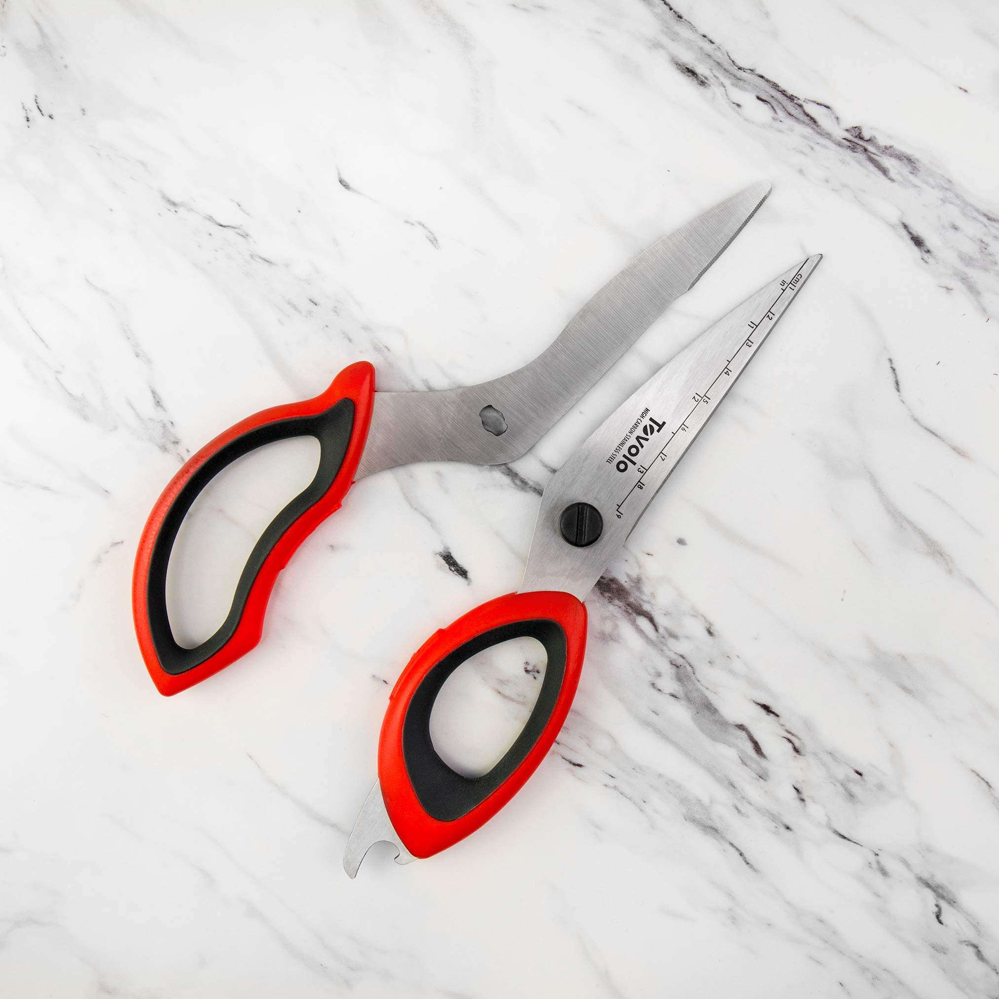 Tovolo Shears with Comfort Grip Handles & Built-in Bottle Opener Heavy Duty Kitchen Scissors with Micro-Serrated Blade, Printed Measurement Guide, Dishwasher Safe & BPA-Free, One Size, Red 6