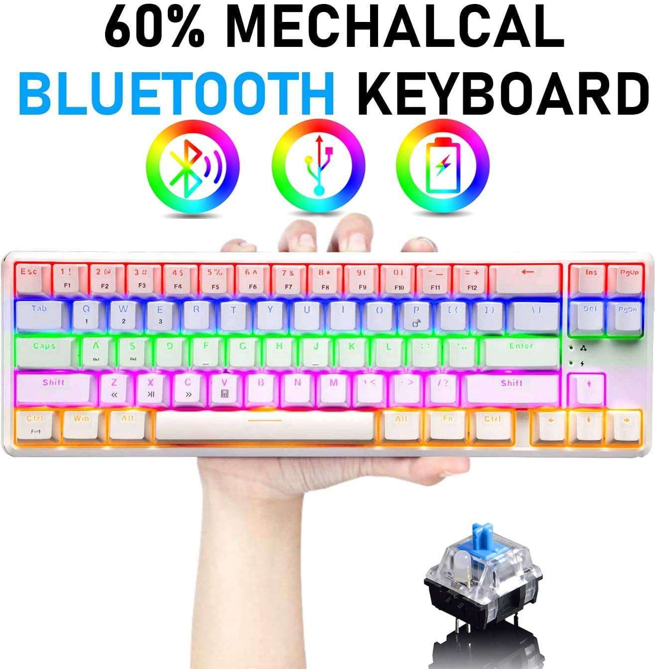 Wireless Mechanical Gaming Keyboard,60% Ultra-Compact Blue Backlit Rechargeable Bluetooth Dual Wired/Wireless Blue Switches Computer Keyboard for Multi-Device Phone Android Mobile(White Rainbow) 2