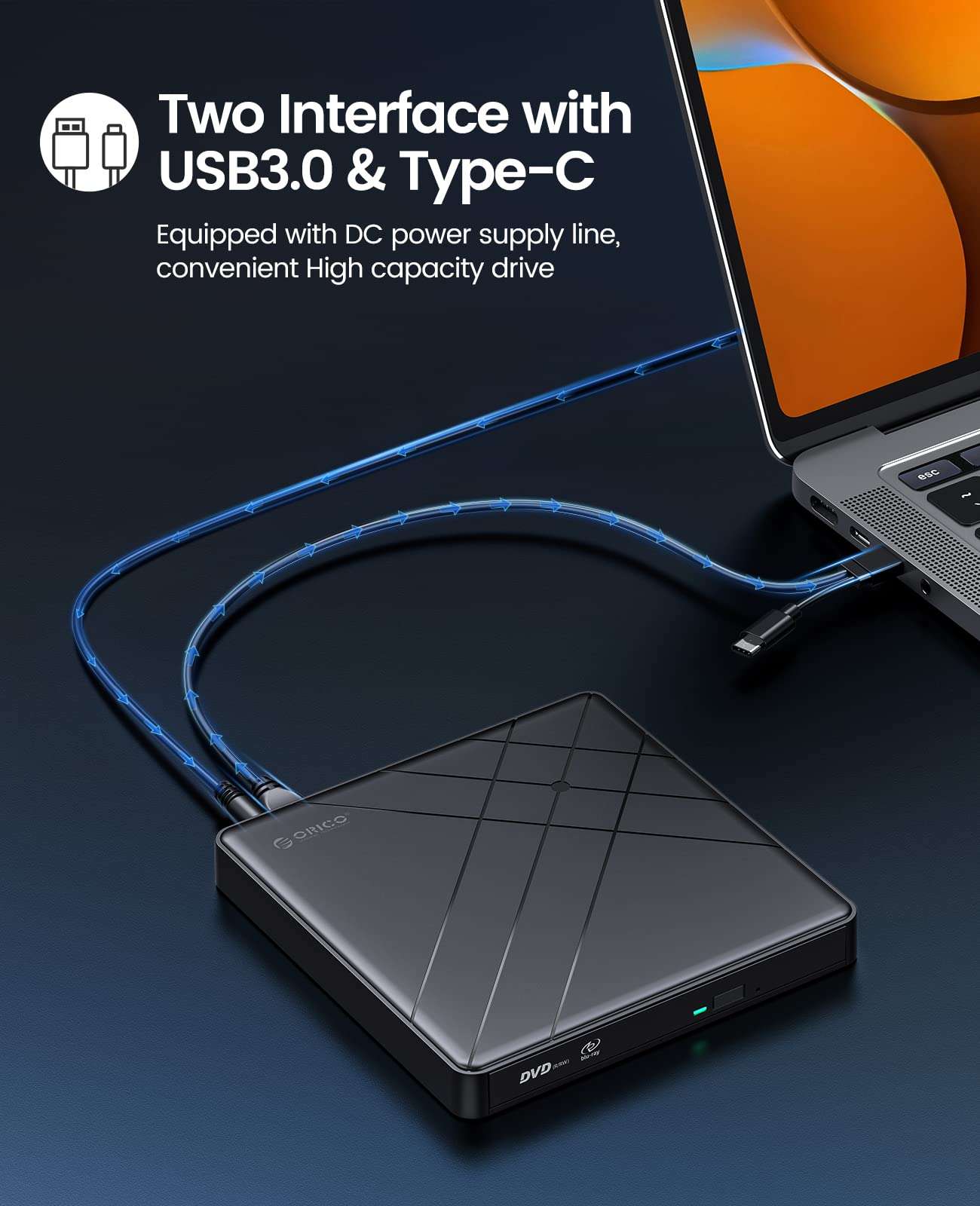 ORICO External Blu-Ray Drive DVD/BD Read/Write CD Burner Portable Bluray 50G USB 3.0 and Type-C DVD Writing 4k Ultra HD 3D Optical Drive with M-DISC Support-BRU3-01 6