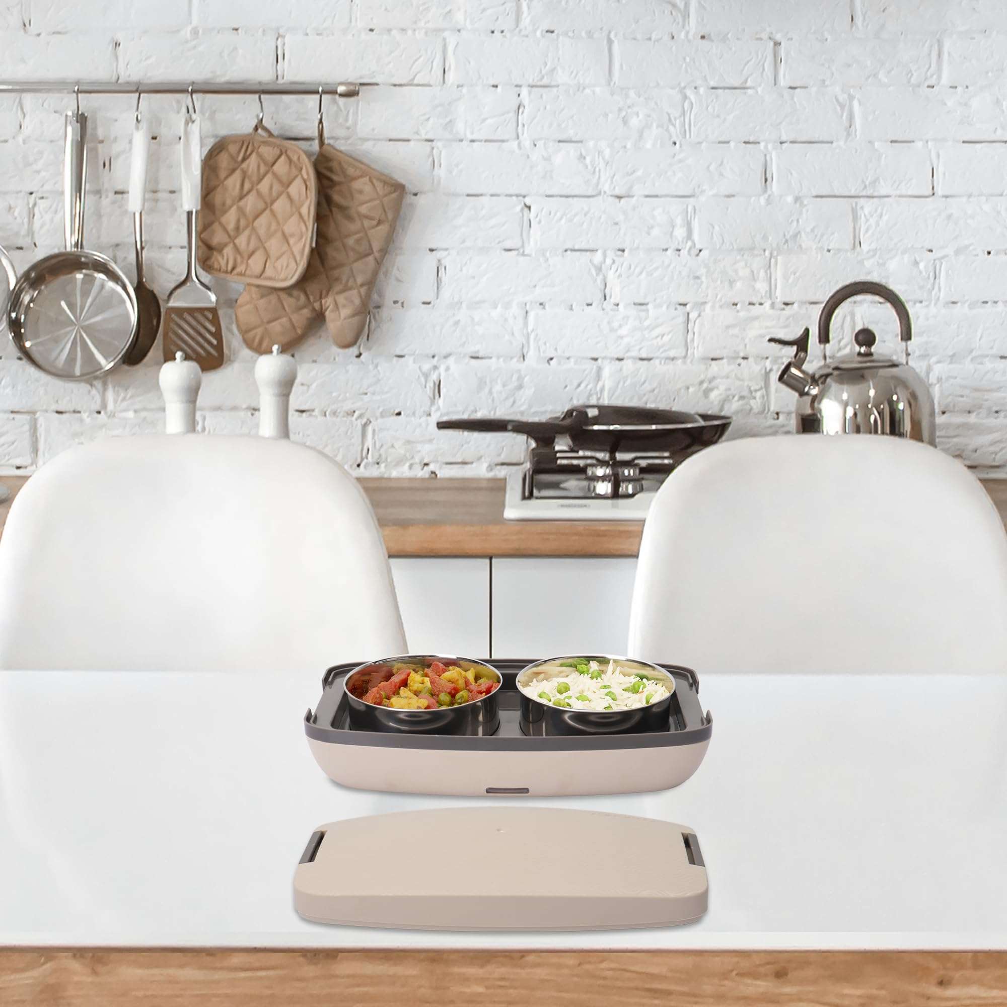 Jaypee Plus Hotpot Electric Lunch Box with 2 Removable Stainless Steel Containers 250 ml x2 with Power Cord |Air Vent on Lid |Leakproof Silicon Seal|LED Indicator |Shockproof | Beige 3
