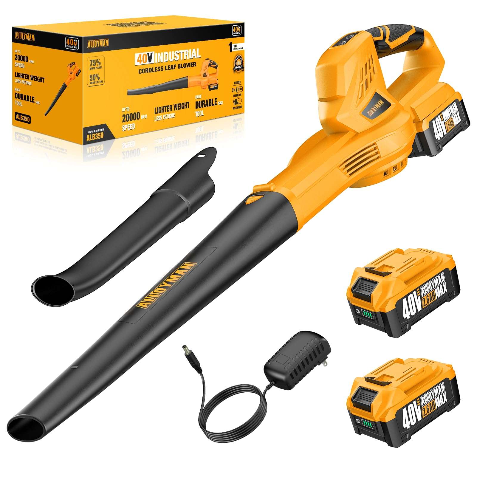 Alloyman 40V Max Cordless Leaf Blower, 130CFM150MPH Electric Leaf Blowers, with 2 * 2.6AH Batteries & Fast Charger, 3 Speed Mode Lightweight Mini Powered Leaf Blowers for Lawn Care/Snow Blowing 1