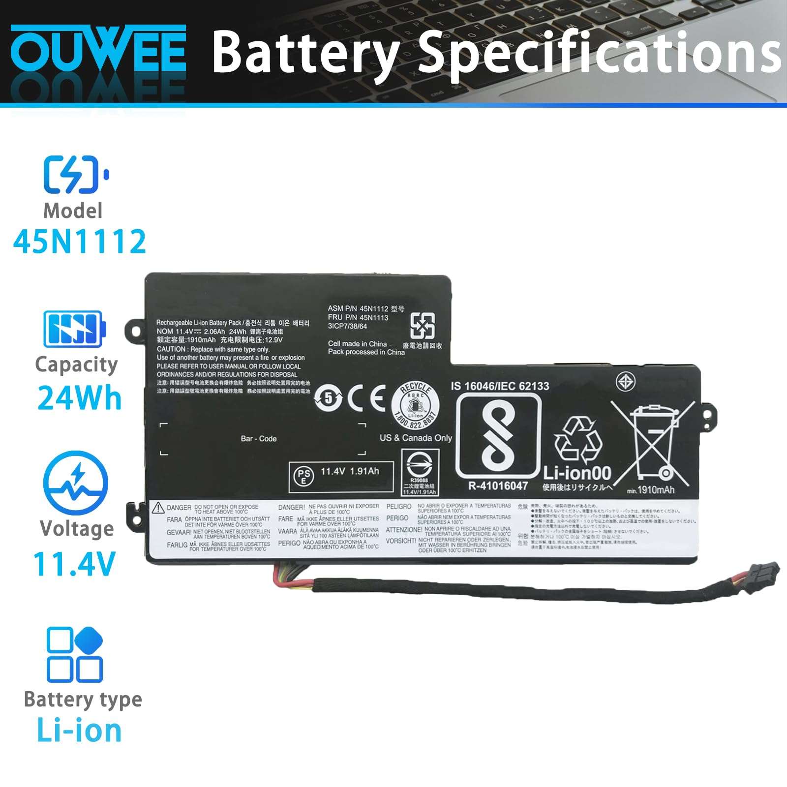 OUWEE 45N1112 Laptop Battery Compatible with Lenovo ThinkPad A275 T440 T440S T450 T450S T460 X230S X240 X240S X250 X260 X270 Series Internal 45N1113 45N1111 01AV459 45N1109 45N1110 45N1773 11.4V 24Wh 2