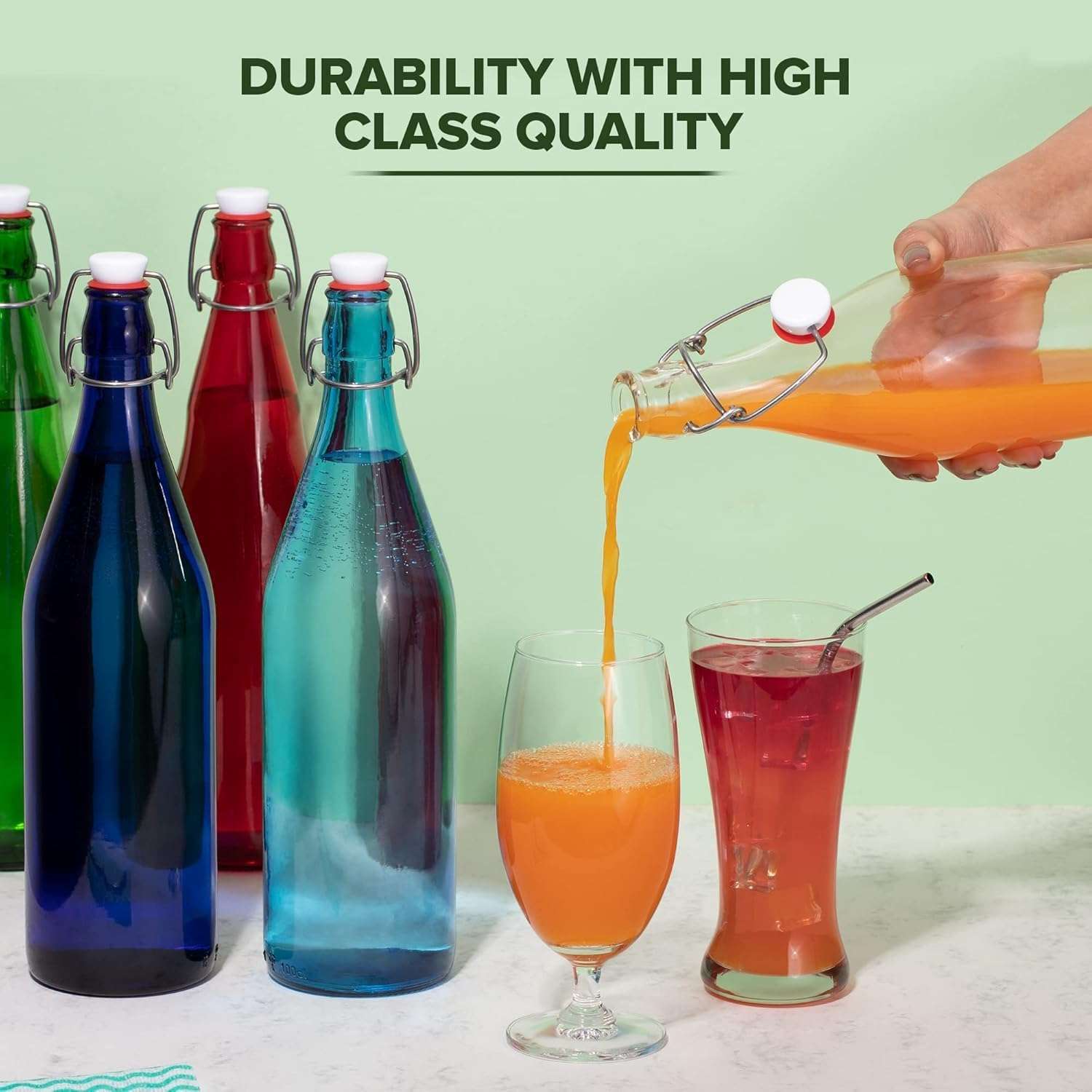 Sunshine Global Source Silica Glass Bottle with Flip Cap, 1 Litre, Set of (Multicolour) (Yellow and Pink) 5