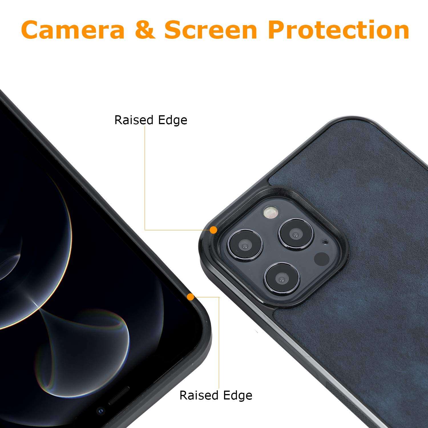 molzar GripBig Series iPhone 12 Pro Max Case with TPU and Faux Leather, Built-in Metal Plate for Magnetic Car Mount, Wireless Charging Support, Compatible with iPhone 12 Pro Max, Black/Blue 6