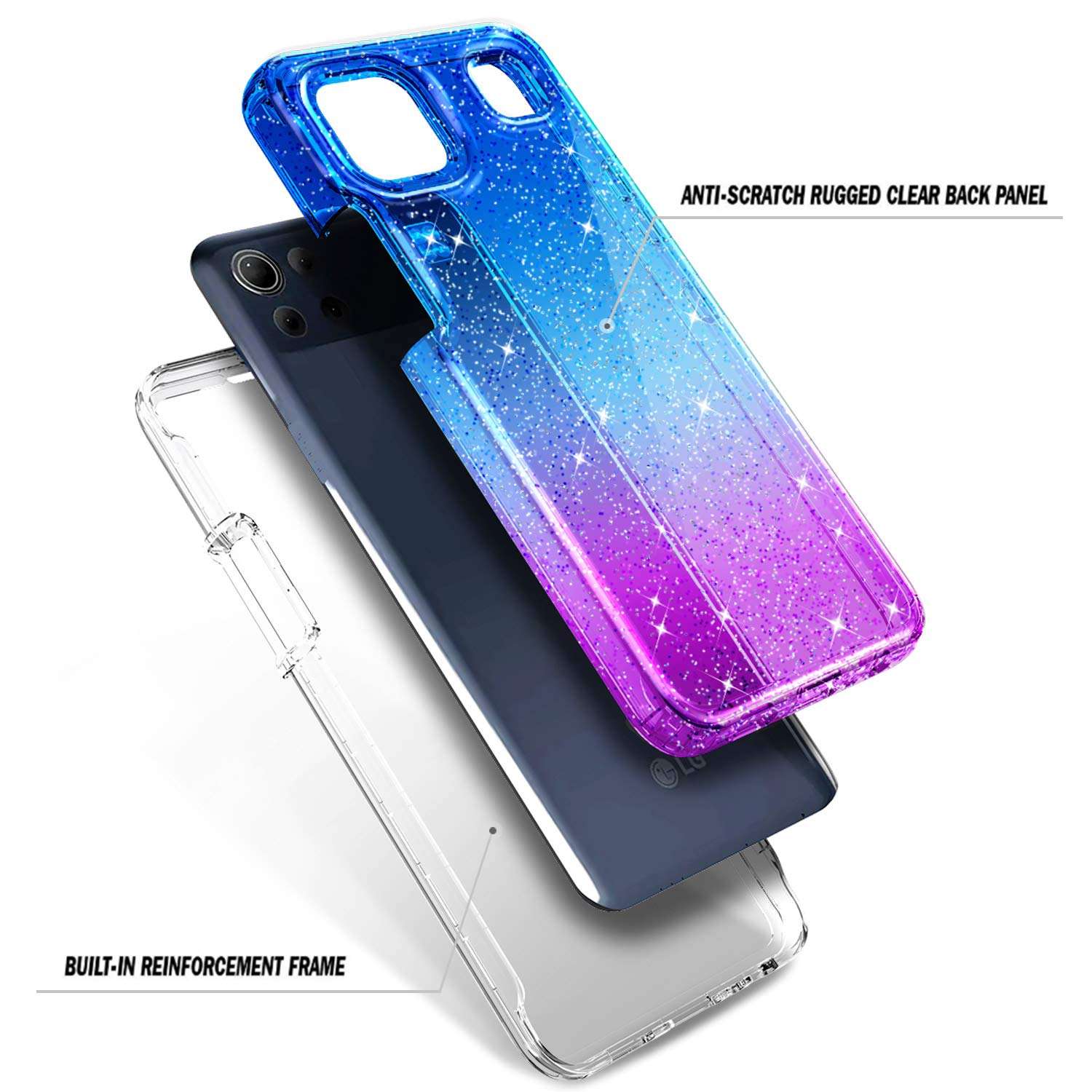 NZND Case for LG K92 / K92 5G (LM-K920) with [Built-in Screen Protector], Full-Body Protective Shockproof Rugged Bumper Cover, Impact Resist Phone Case -Glitter Gradient Purple/Blue 3