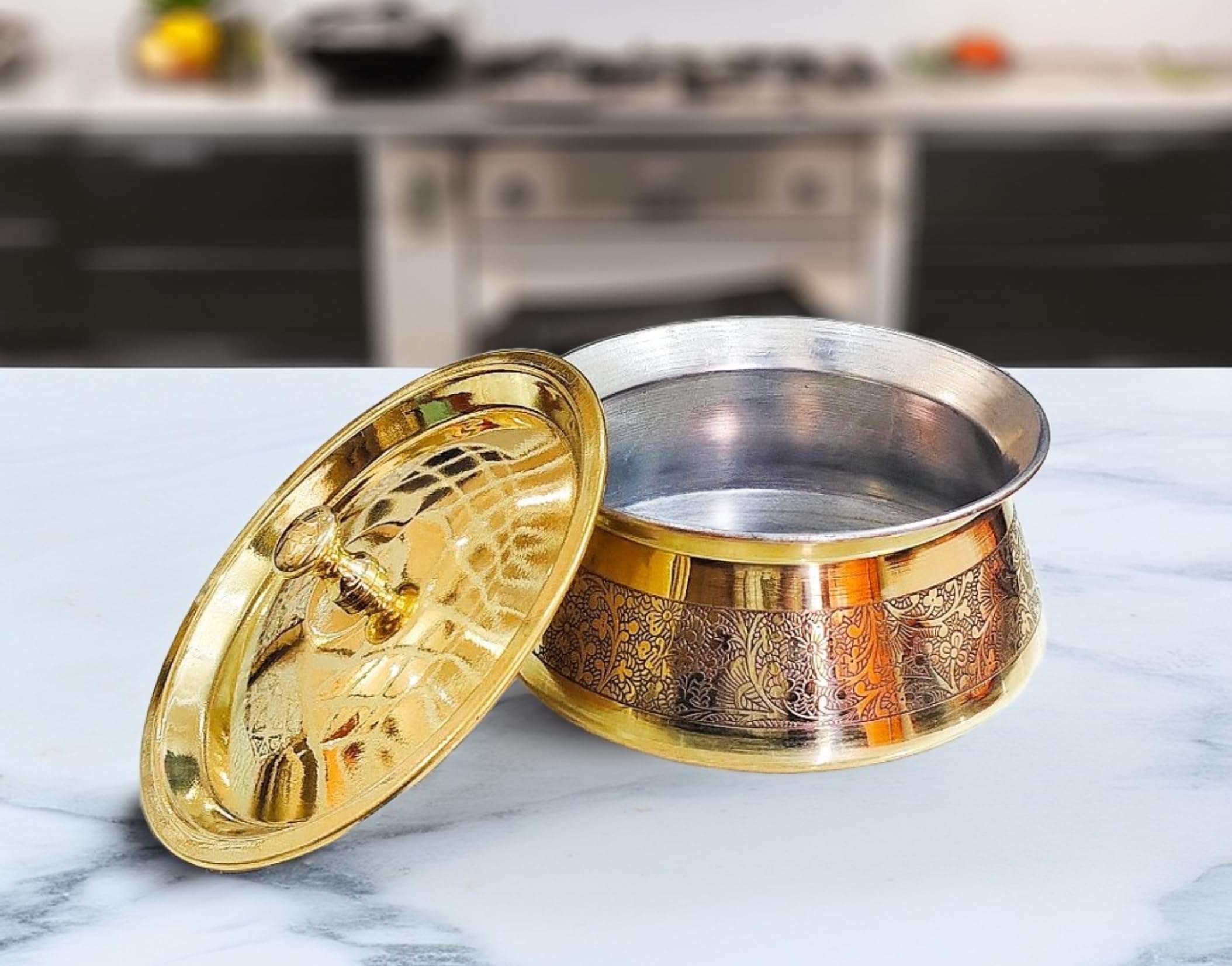 PITAL NAGRI ECRAFT Brass Kitchen Appliances Cooking Serving Pot |Biryani Handi|Urli| Embossed Design Casserole With Lid For Decoration Tableware, Home, Hotel, Restaurant Donga, ( 650 GMS Capacity 1000 Ml ) 5