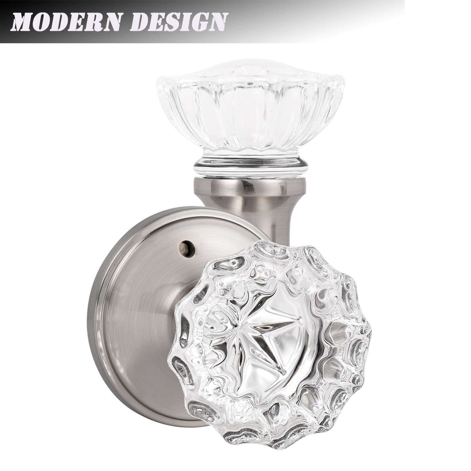 knobelite (6 Pack Diamond Crystal Glass Interior Door Knobs with Lock,Privacy Door Knobs for Bed and Bath,Round Crystal Glass Keyless Door Knobs Interior,Privacy Function,Satin Nickel 4