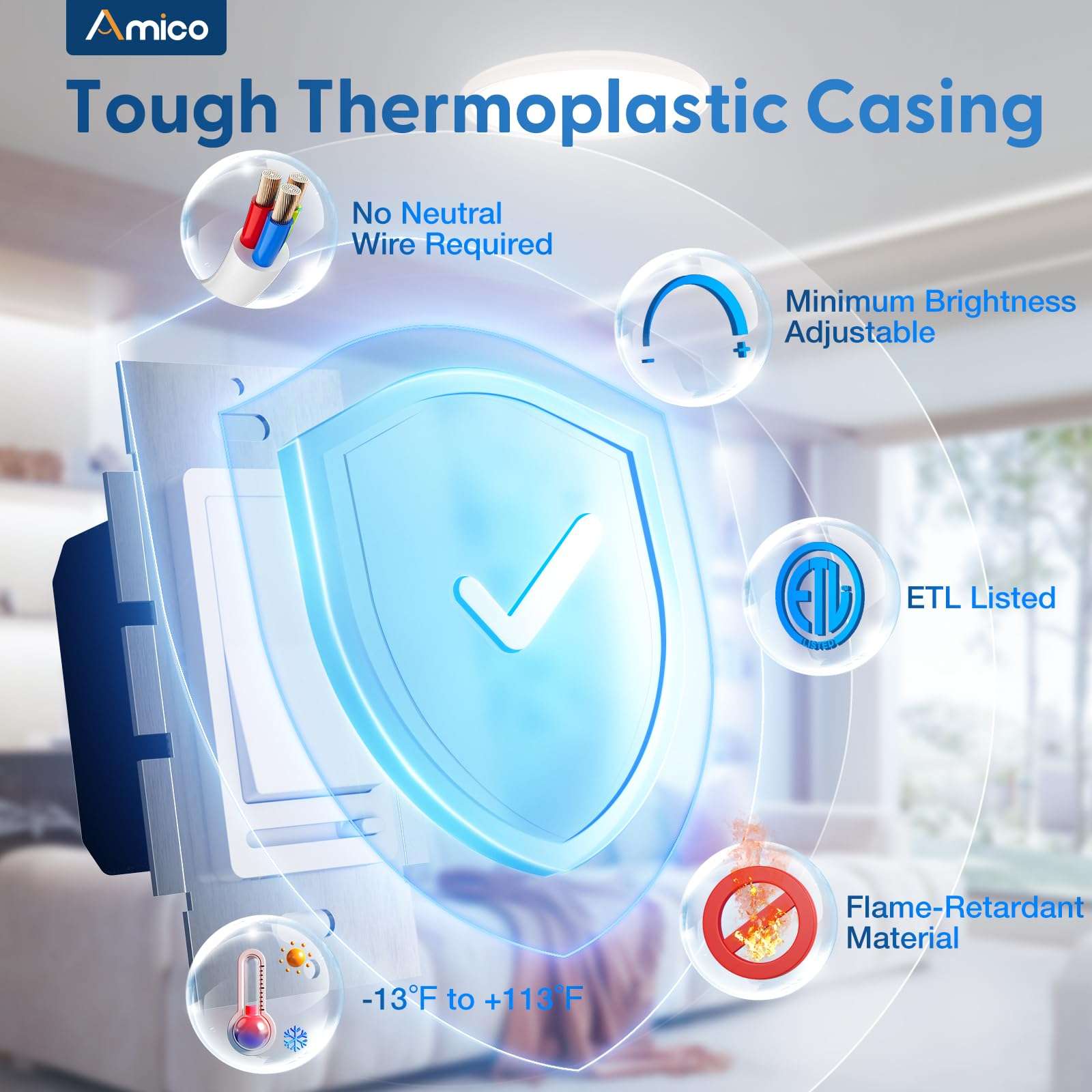 Amico 12 Pack Slide Dimmer Switch, Single-Pole or 3-Way, for Dimmable LED Lights (150W), CFL, Incandescent & Halogen Bulbs (600W), No Wall Plate Included, ETL Listed, White 6