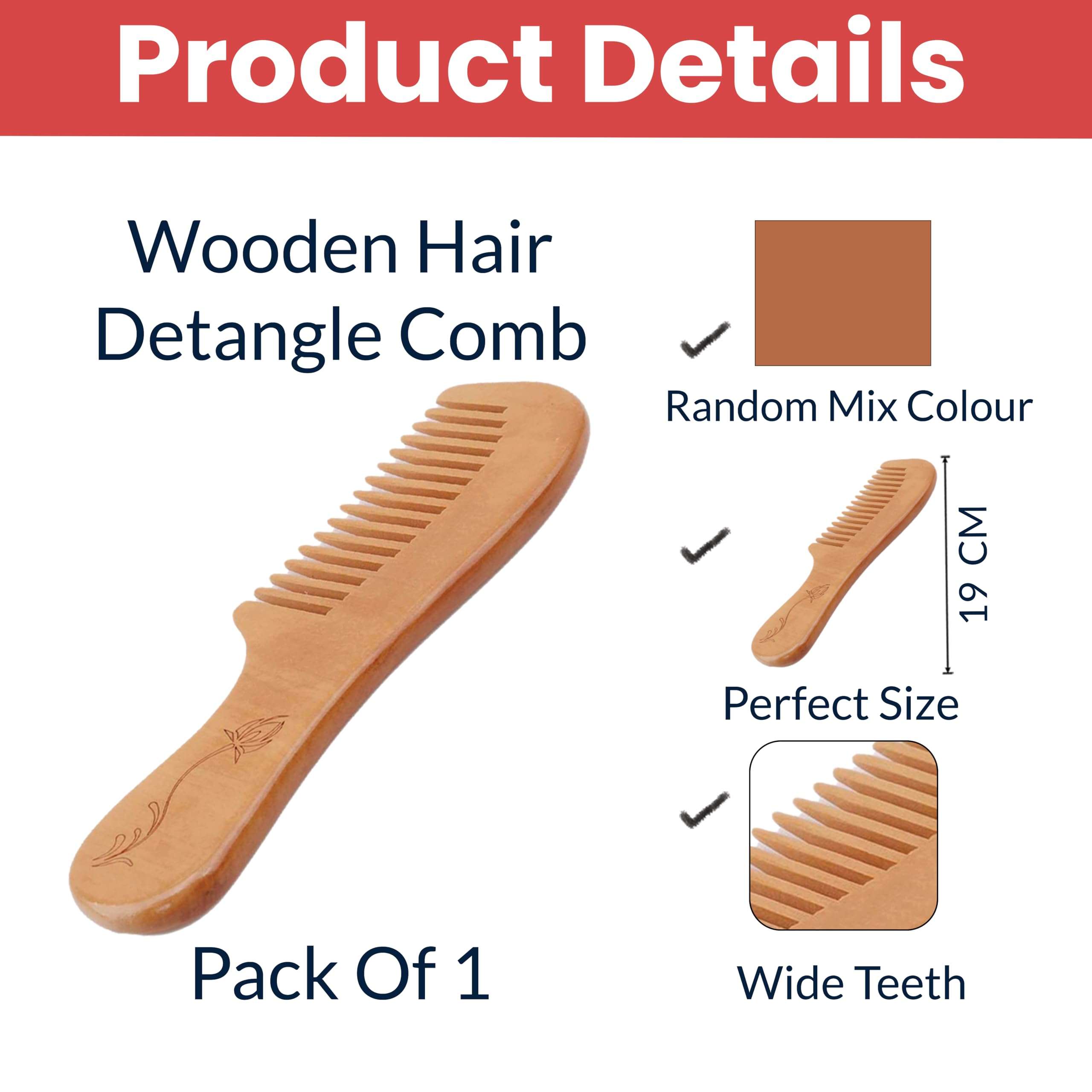 TEMPERIA (1 pcs) Kachi Neem Wooden Comb for Women & Men Hair - Wide Tooth Comb for Tangle Free Curls, Healthy Scalp, Hair Growth, Hairfall & Dandruff Control - Premium & Ergonomic Design (MN02) 3