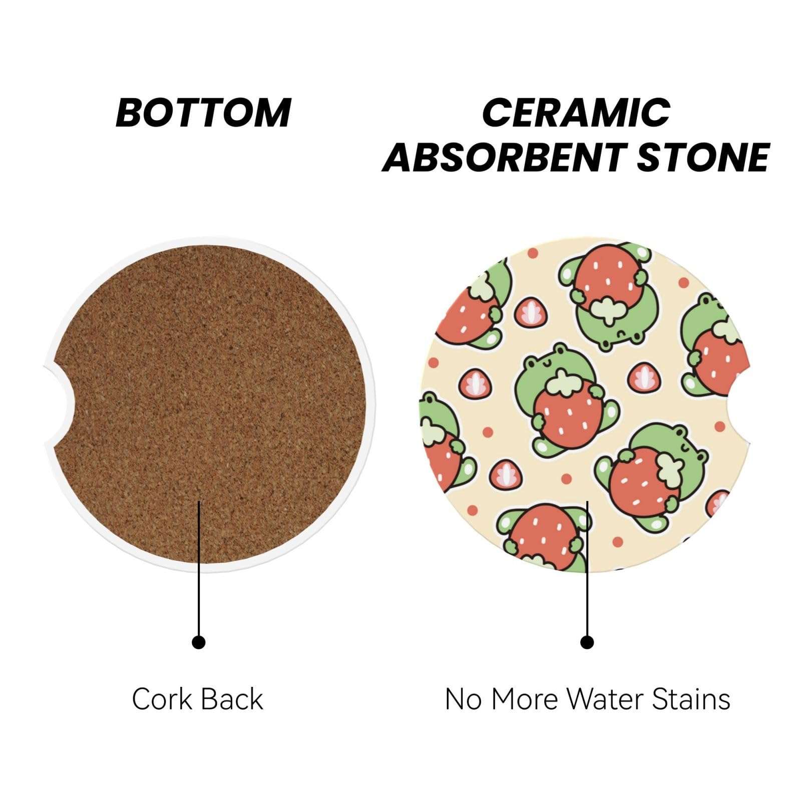 Xiso Ver Frog Hold Strawberry Car Cup Coasters 2 Pack Ceramic Cup Holders 2.56" Cork Base Drink Coasters with Finger Notch for Easy Move of Car Cup Holder 3