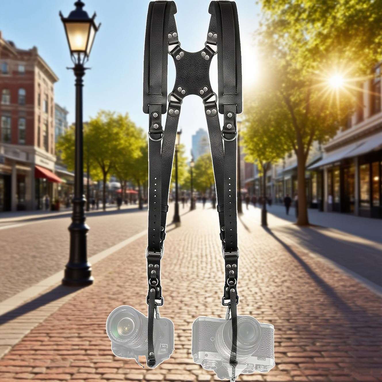 Jerliflyer Double Camera Harness, Quick Release Adjustable Leather Camera Harness for Photographers, Can Hold Two Cameras(Black) 4