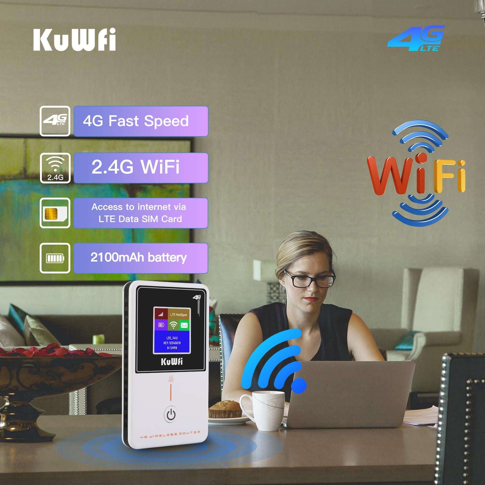 KuWFi Mobile Hotspot Router Device Unlocked, 150Mbps Portable WiFi Hotspot Router for Travel, Pocket WiFi Hot Spot Works Best with AT&T T-Mobile, 10 Connected Devices, B2/B4/B5/B12/B17 Network Band 5