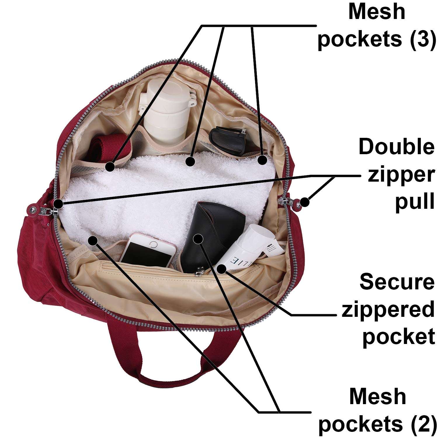 Nylon Travel Tote Cross-Body Carry On Bag with Shoulder Strap (Raspberry) 4