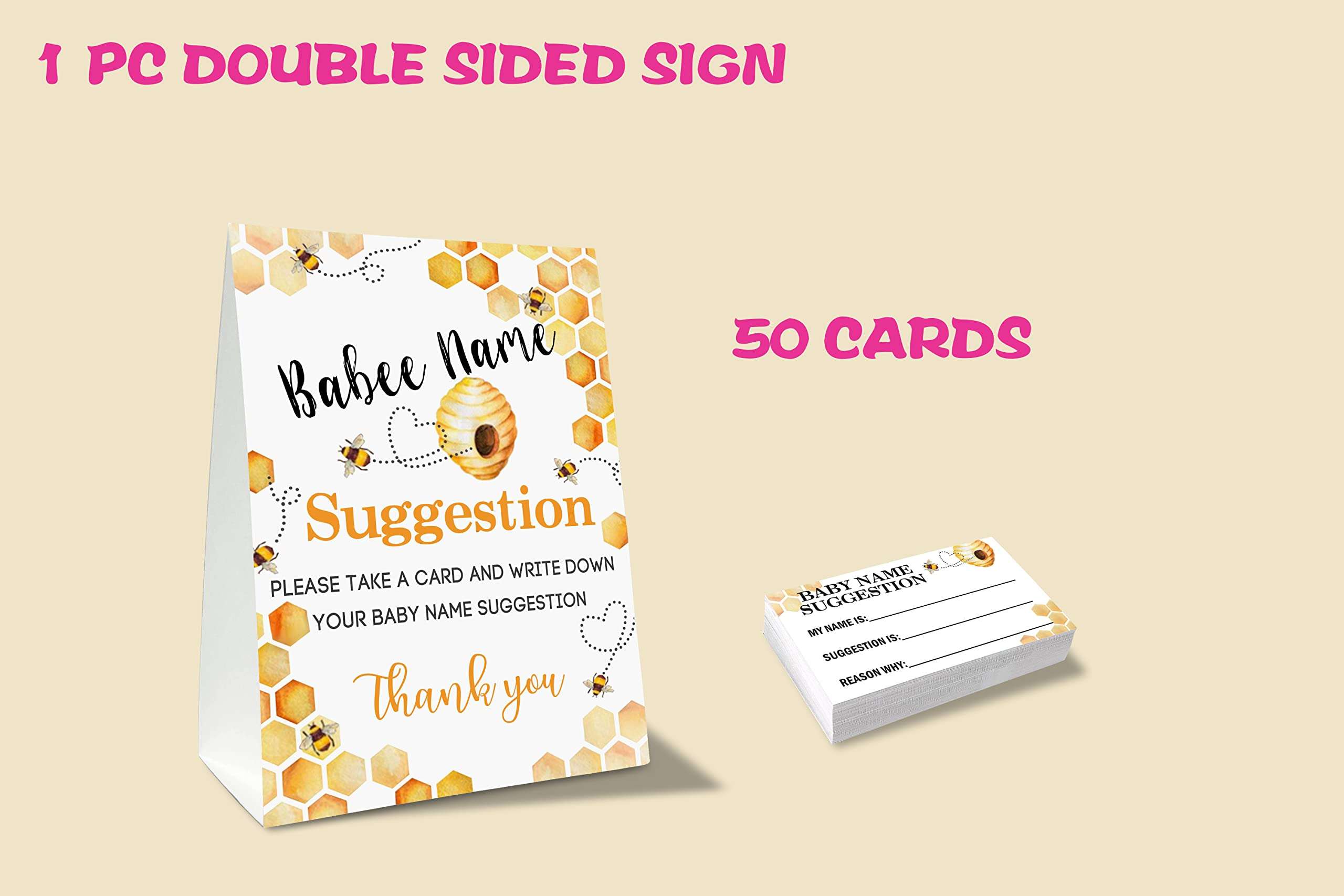 Baby Name Suggestion For Baby Shower Games, Honeycomb Bumble Bee Themed Name Suggestion Game Card, Party Favors Supplies Decorate For Baby Showers Game Cards, 1 Sign & 50 Cards Per Pack –(bbname-005) 3